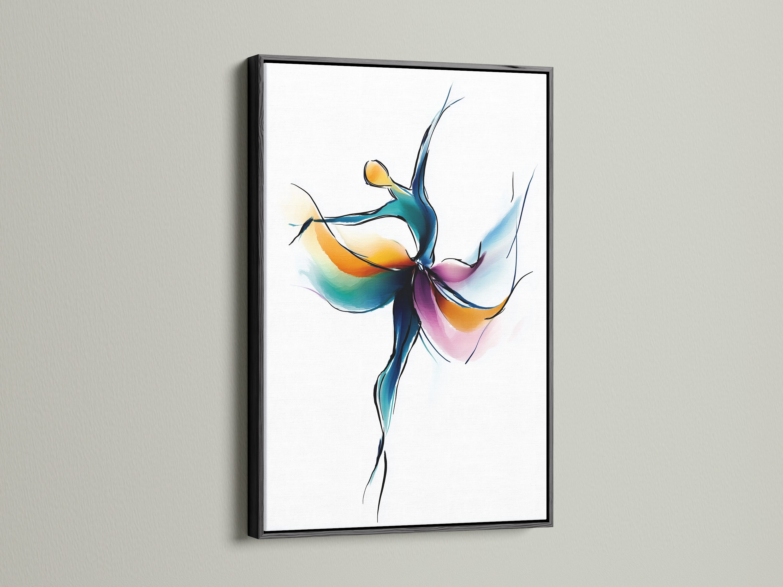 The Abstract Dancer artwork is displayed in a black frame. It offers a sleek contrast to the colorful ballet wall art. This modern piece is perfect for a home office or dance studio. It is available now.
