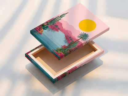 A stretched canvas print of the Desert Oasis artwork is on display. The canvas showcases a serene desert landscape. The pink and teal colors bring a calming vibe. This ready-to-hang piece is perfect for easy home decor.