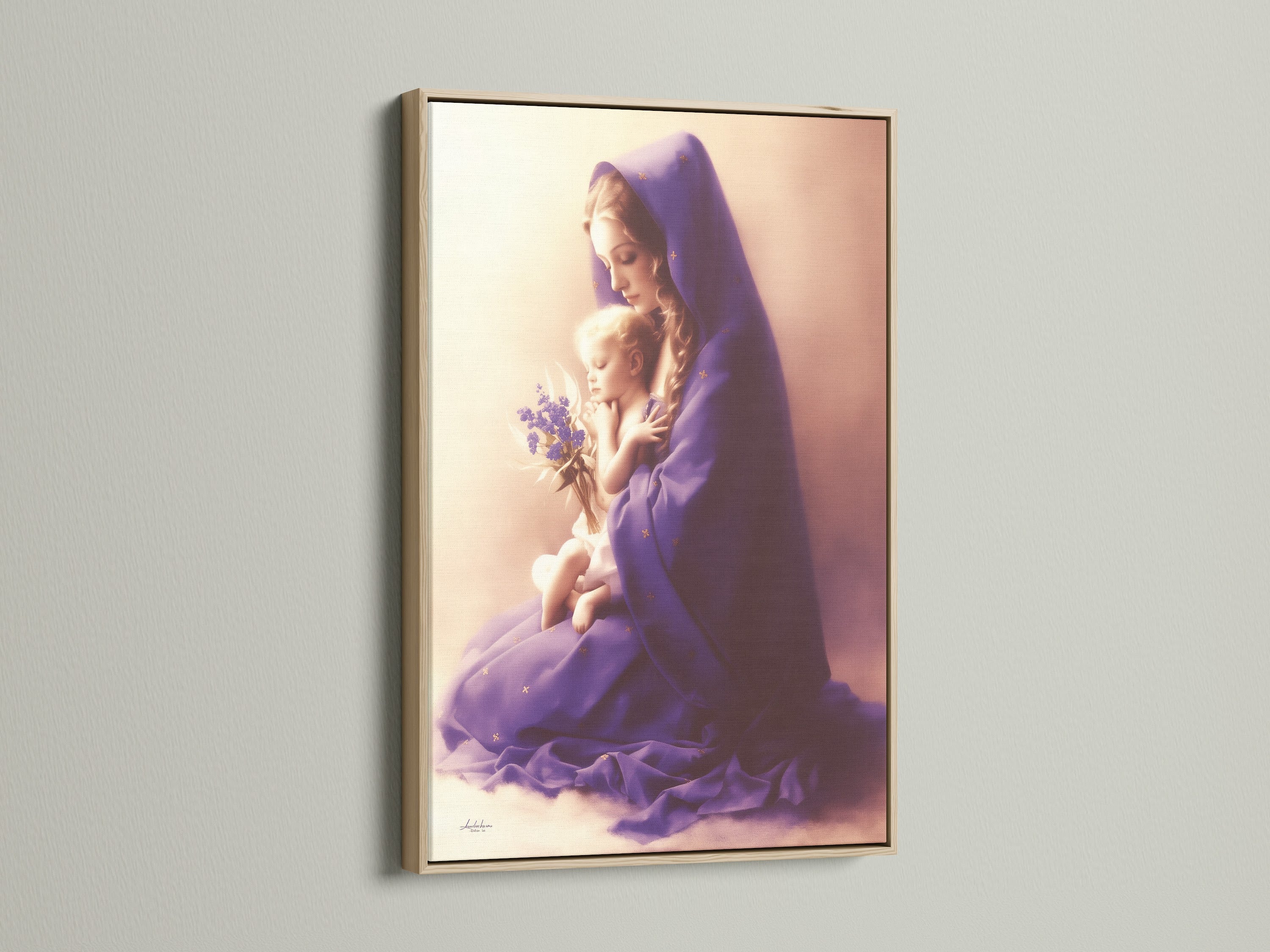 Madonna and Baby canvas print displayed in an oak frame. This religious artwork adds a touch of faith to any room. Perfect for nursery wall decor or a spiritual collection. The primary color is purple with beige accents.