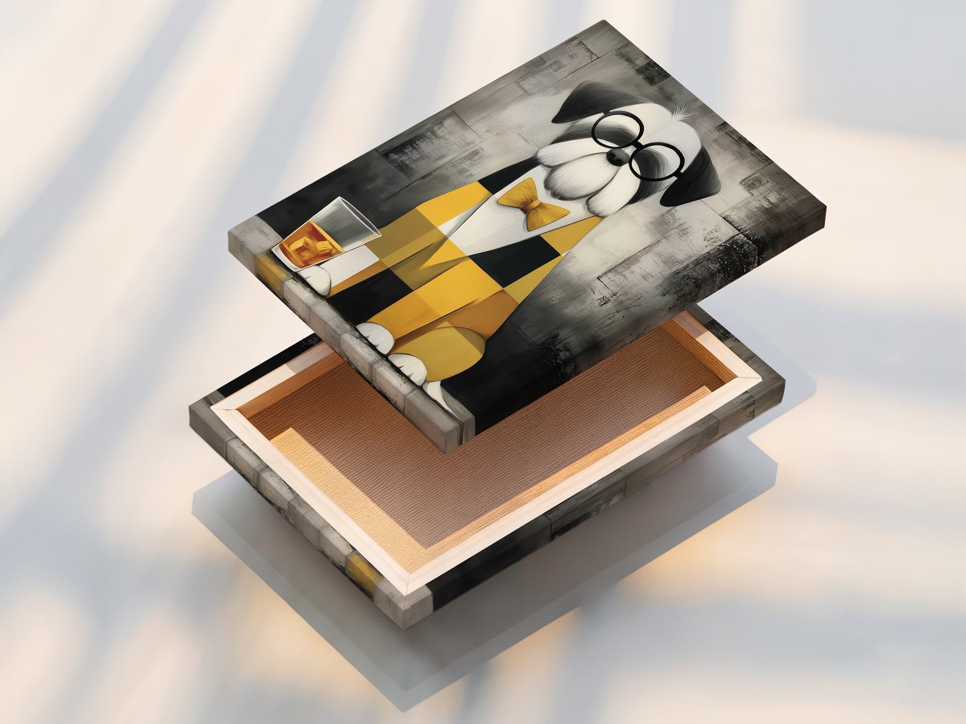 Stretched canvas print of the Dog with Bowtie artwork. This modern animal art print is ready to hang and enjoy. The stretched canvas provides a gallery-worthy look. Perfect for pet lovers and urban dwellers seeking unique wall art.