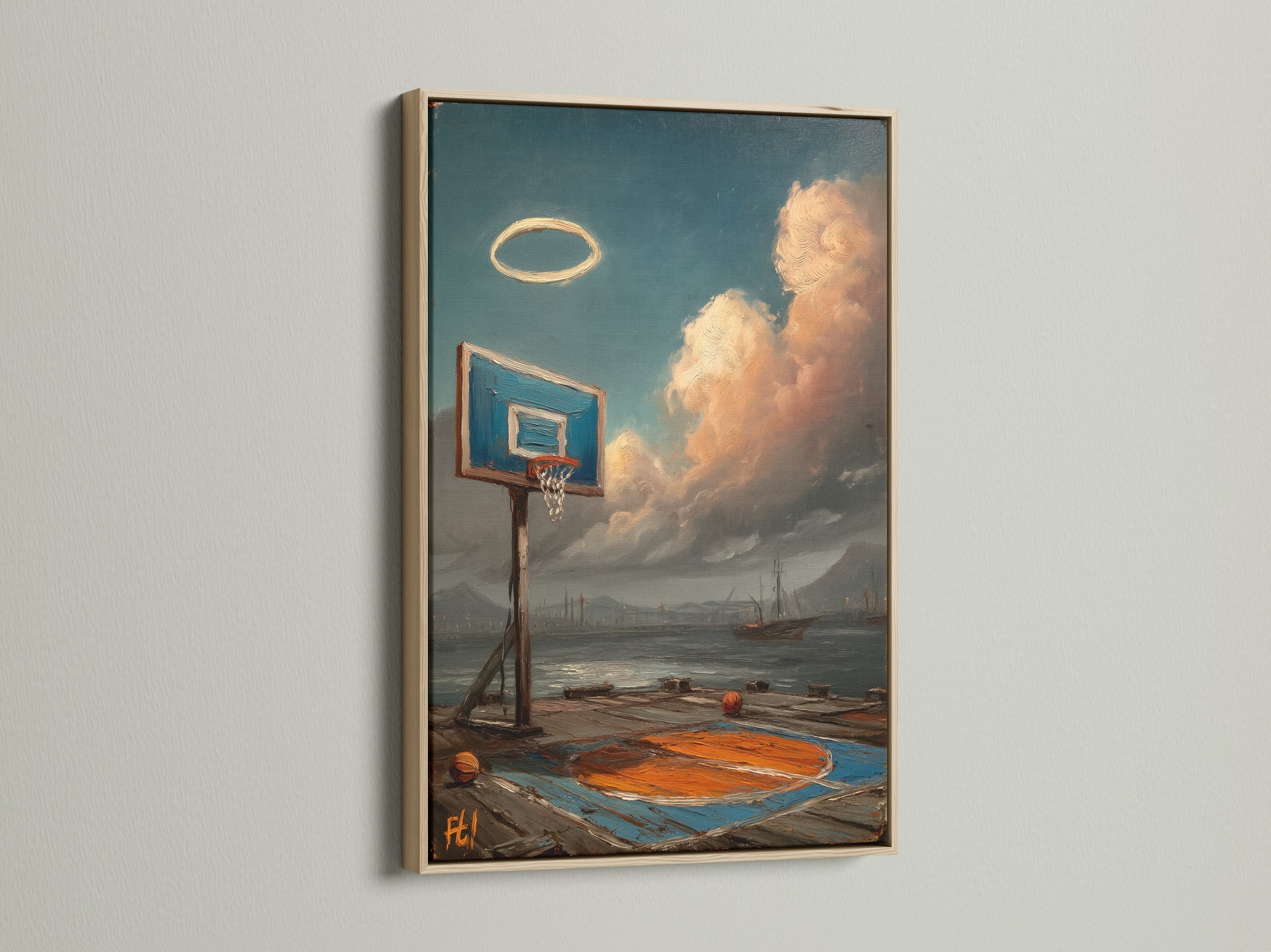 This coastal basketball artwork is presented in an oak frame. It adds a touch of rustic charm to the piece. Ideal sport canvas for a man cave. Enhance your game room with this unique artwork. A thoughtful gift for any basketball enthusiast.