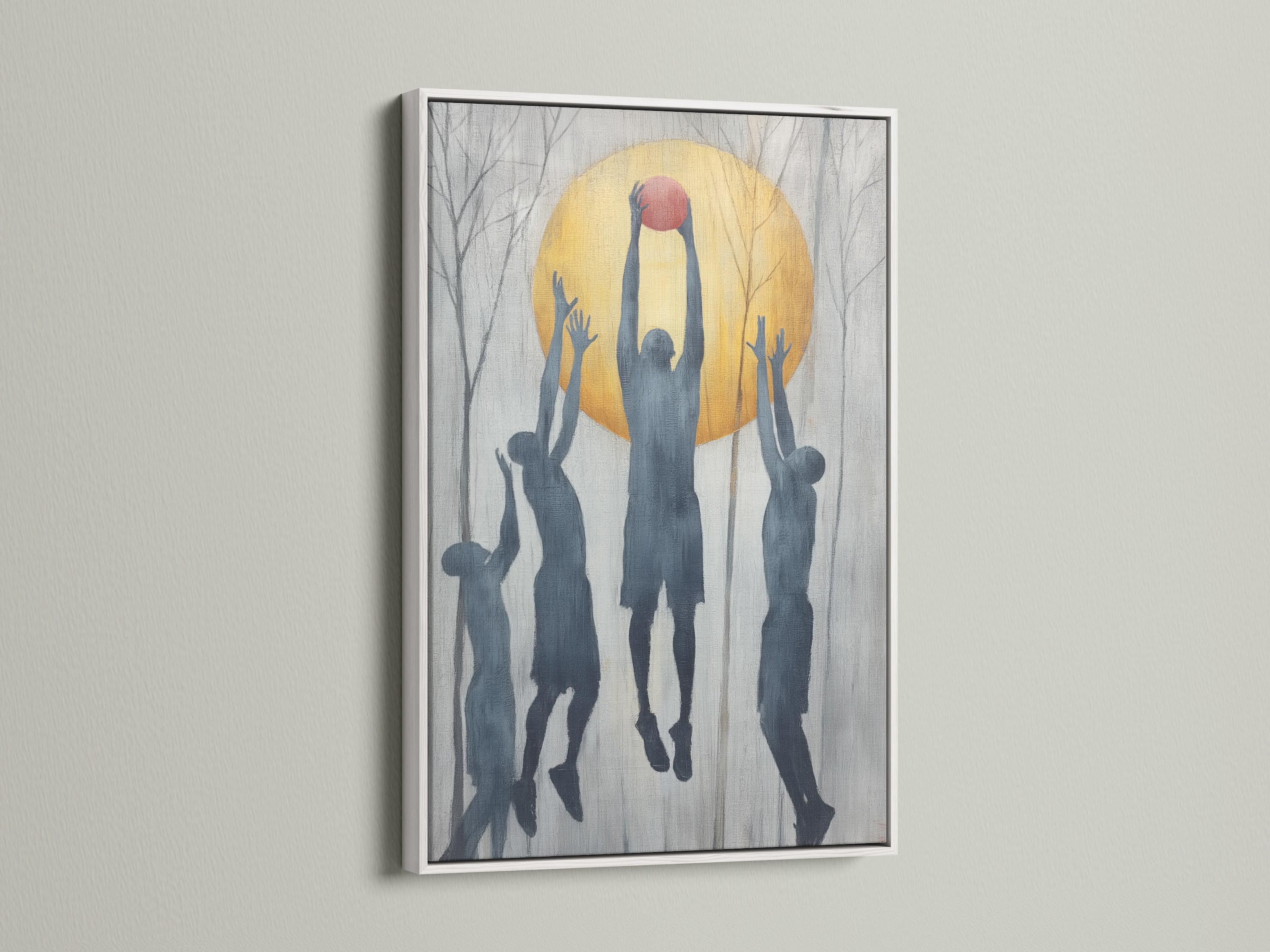 A basketball silhouette art print is displayed in a clean white frame. The artwork features grey silhouettes against a gold backdrop adding a minimalist touch. Ideal for adding team spirit to a boy's room. A contemporary sports wall art piece. Explore our athletic canvas prints for stylish decor.