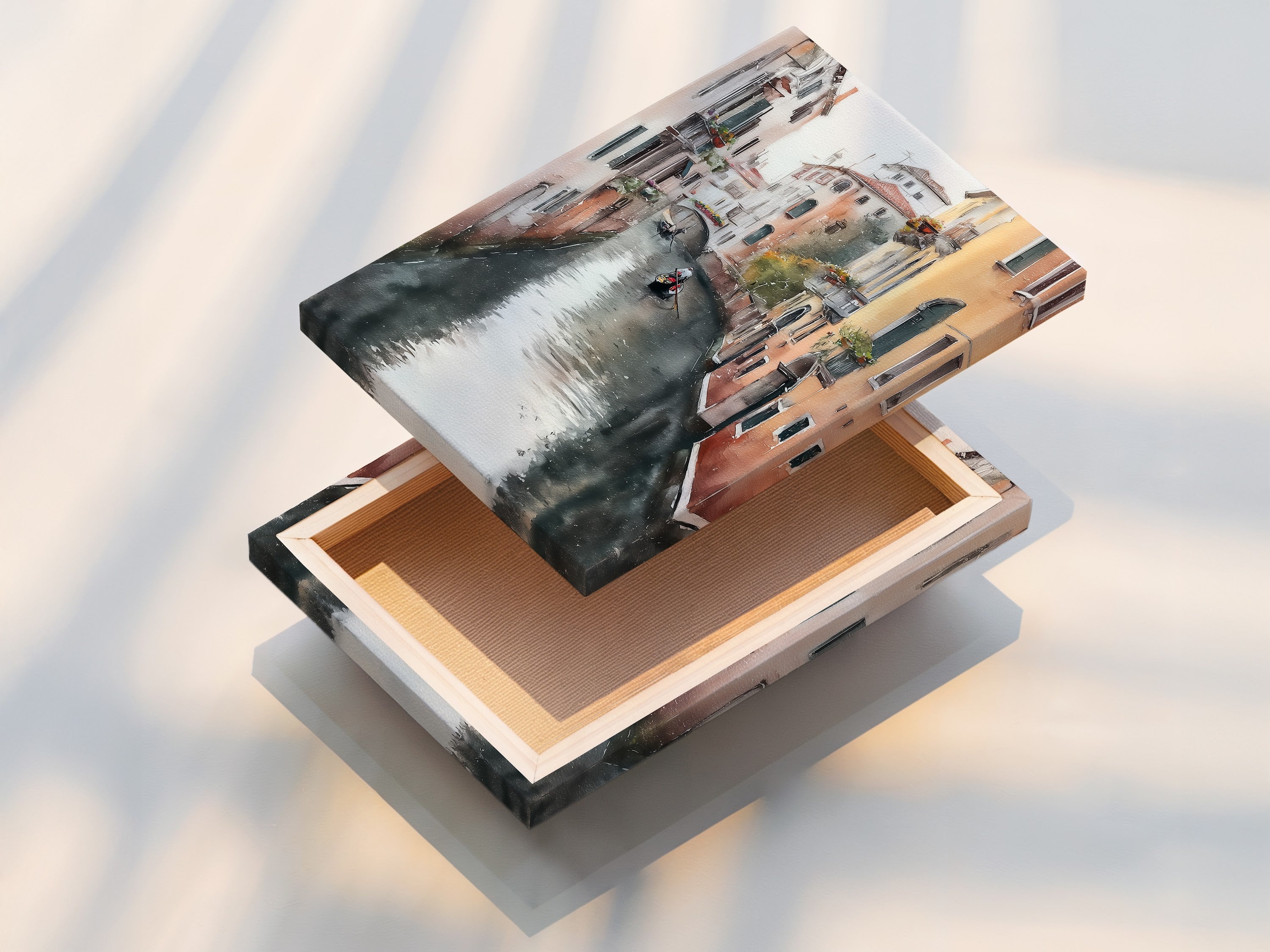 Stretched canvas print of Venice Canal artwork. This Italian watercolor wall art is perfect for adding a touch of European charm. The European cityscape creates a beautiful focal point in any room.