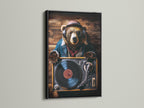 A black frame features a bear DJ art print. The artwork features a bear wearing headphones and sunglasses. The bear is set against a wooden background. The black frame creates a striking contrast. Add a touch of musical charm to your space with this unique piece.