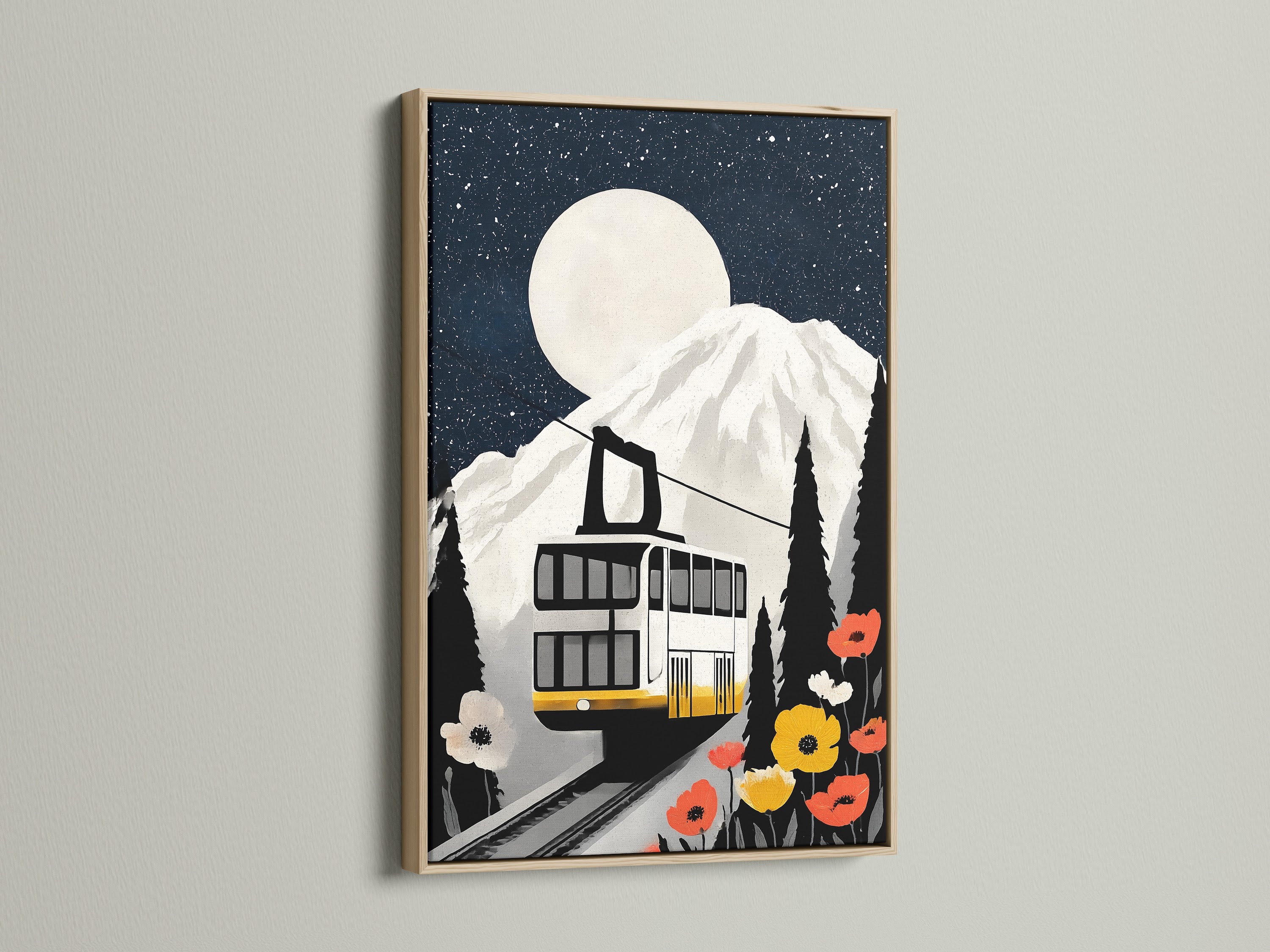 Mountain Railway art is framed in oak. The print displays a vintage cable car on canvas. This wall artwork brings alpine adventure to any room. It works great in modern and lodge-style decor settings.