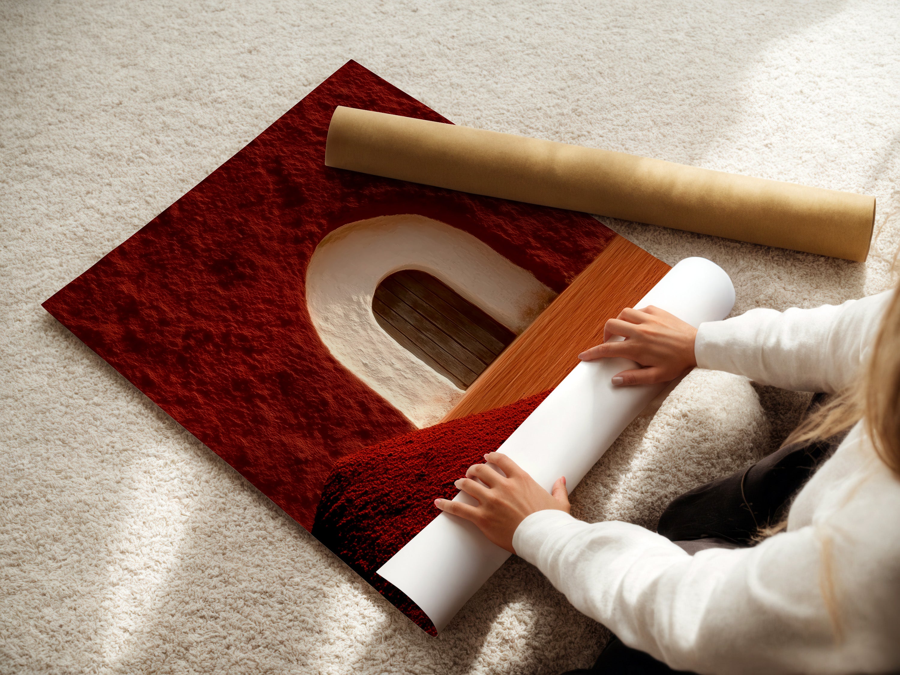 A woman is carefully rolling a fine art poster paper. This ensures the artwork remains pristine. Perfect for homeowners and renters alike. This desert arch art is ready to be framed. It is a beautiful addition to any space.