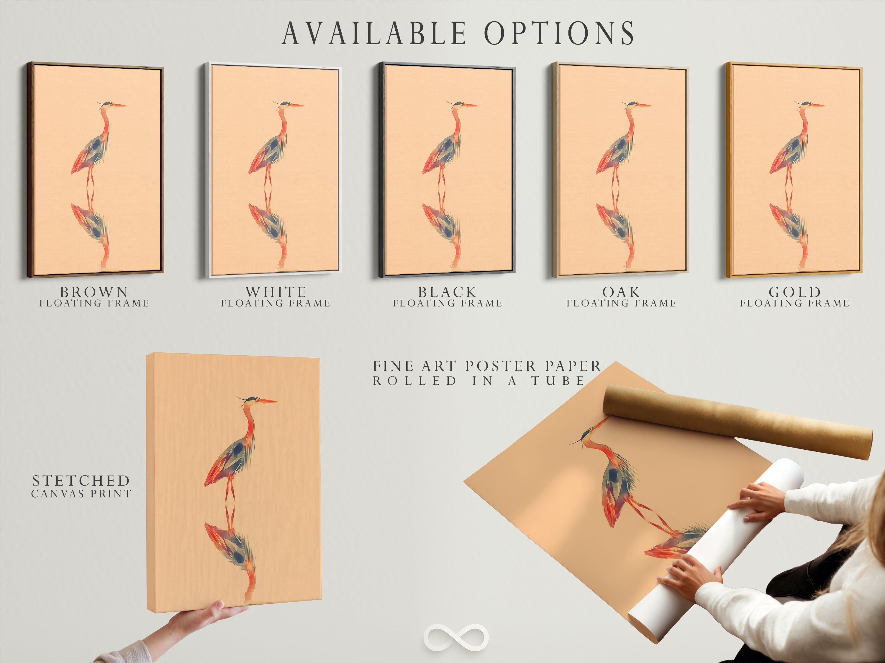 Available options for heron artwork. Choose from a stretched canvas print fine art poster paper or floating frame. Customize your coastal bird wall art. Perfect for minimalist decor or a bird lover gift. Create your serene art piece.