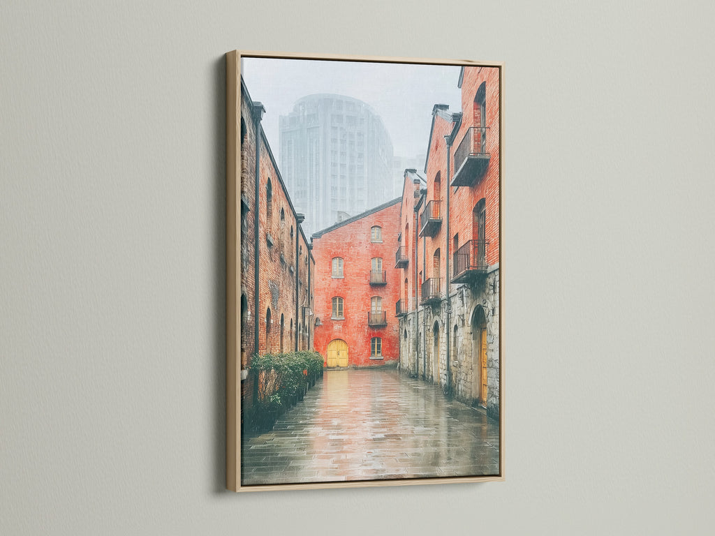 This oak frame enhances the Brick Building Canvas Print. The industrial cityscape wall art brings urban architecture into any space. It is ideal for office decor and complements industrial and minimalist styles.