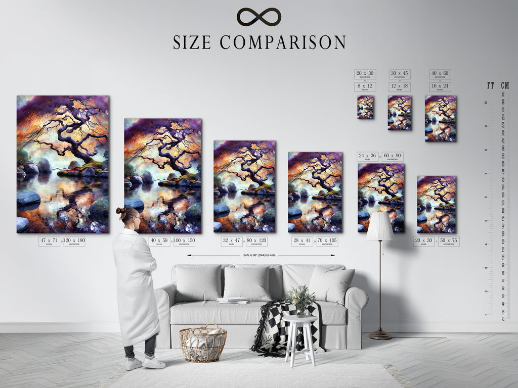This size comparison chart is displayed in an interior setting. It showcases the available sizes for the Japanese Tree artwork. The zen water reflection is visible in the art. The Asian landscape artwork is great for meditation decor. Find the perfect size for your space.