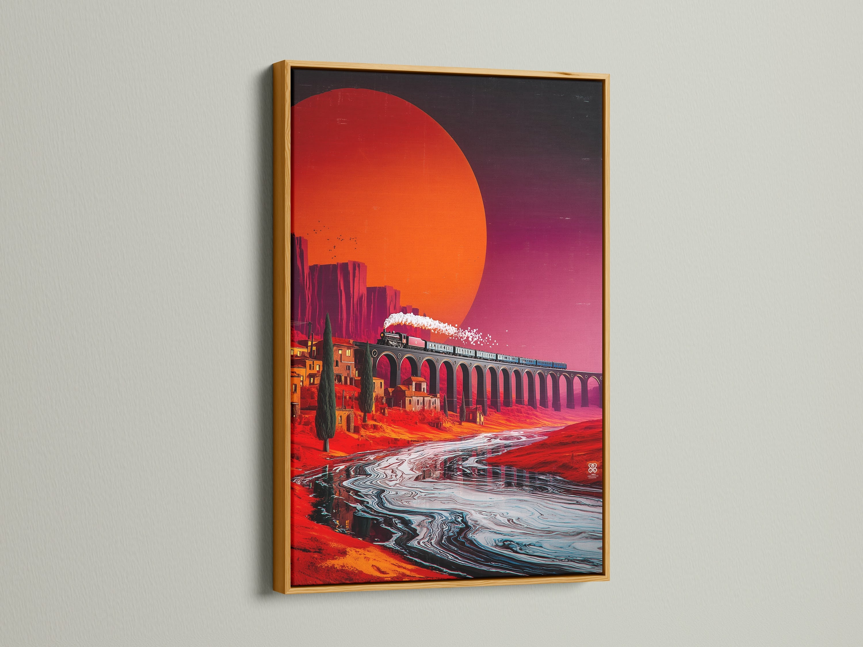 The Train Over Bridge art is elegantly framed in gold. This gold frame enhances the artwork's vivid colors. The Tuscany landscape canvas adds sophistication to any room. The sienna and teal wall art is perfect for a unique wall art statement.