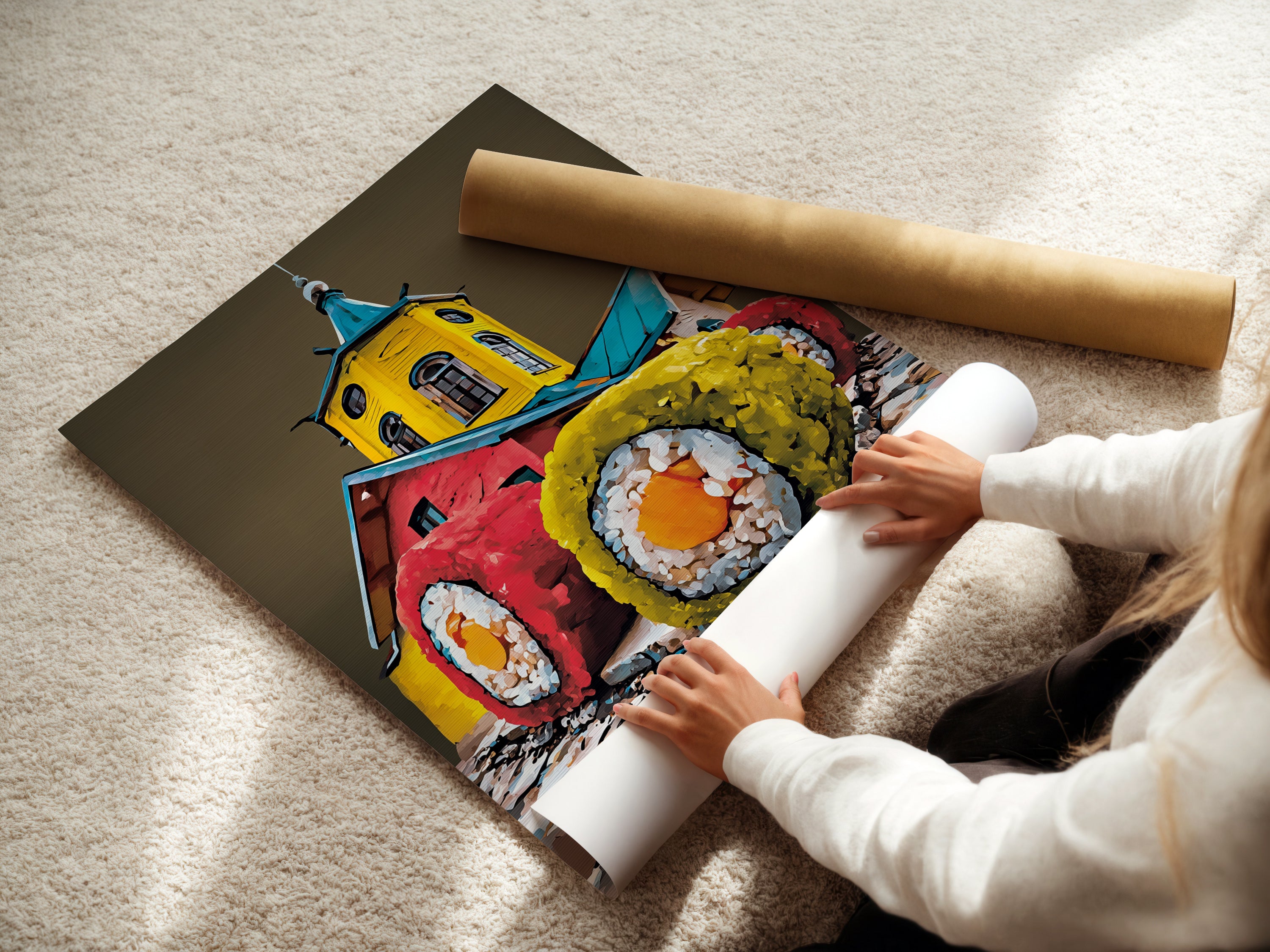 A woman is rolling a fine art poster paper. Preparing a sushi artwork print for display. This showcases the care in creating kitchen wall decor and dining room art. Perfect for art collectors and restaurant owners.