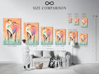 A size comparison chart is displayed in an interior setting. The size comparison chart helps visualize the artwork in different room settings. This artwork is perfect for coastal minimalist or contemporary styles. Choose the perfect size to complement your space. The heron art is perfect for homeowners renters and interior designers.