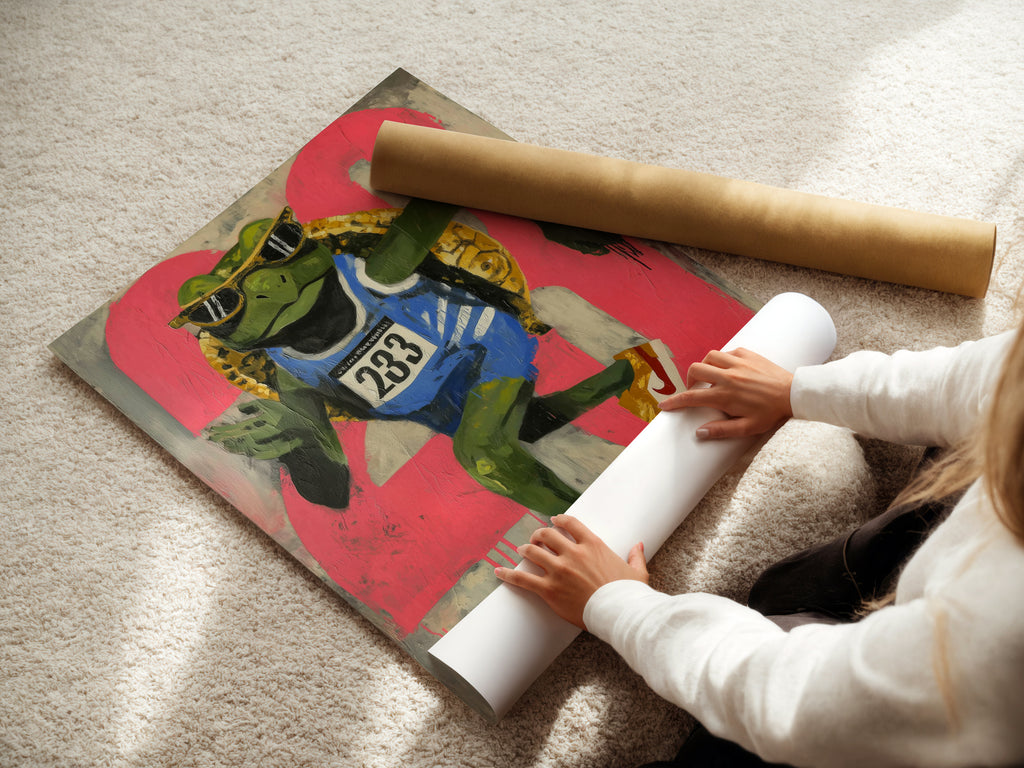 A woman is carefully rolling a fine art poster paper. This action preserves the frog runner artwork. The poster is ready to be framed or displayed. It is a perfect piece of urban street art. The retro sports art is great for teen room decor. It offers fitness motivation.