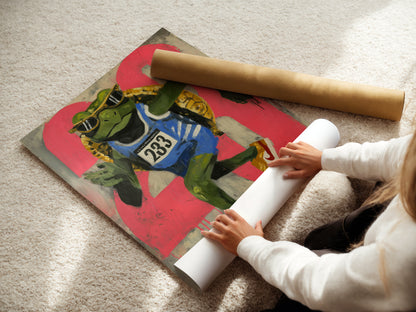A woman is carefully rolling a fine art poster paper. This action preserves the frog runner artwork. The poster is ready to be framed or displayed. It is a perfect piece of urban street art. The retro sports art is great for teen room decor. It offers fitness motivation.