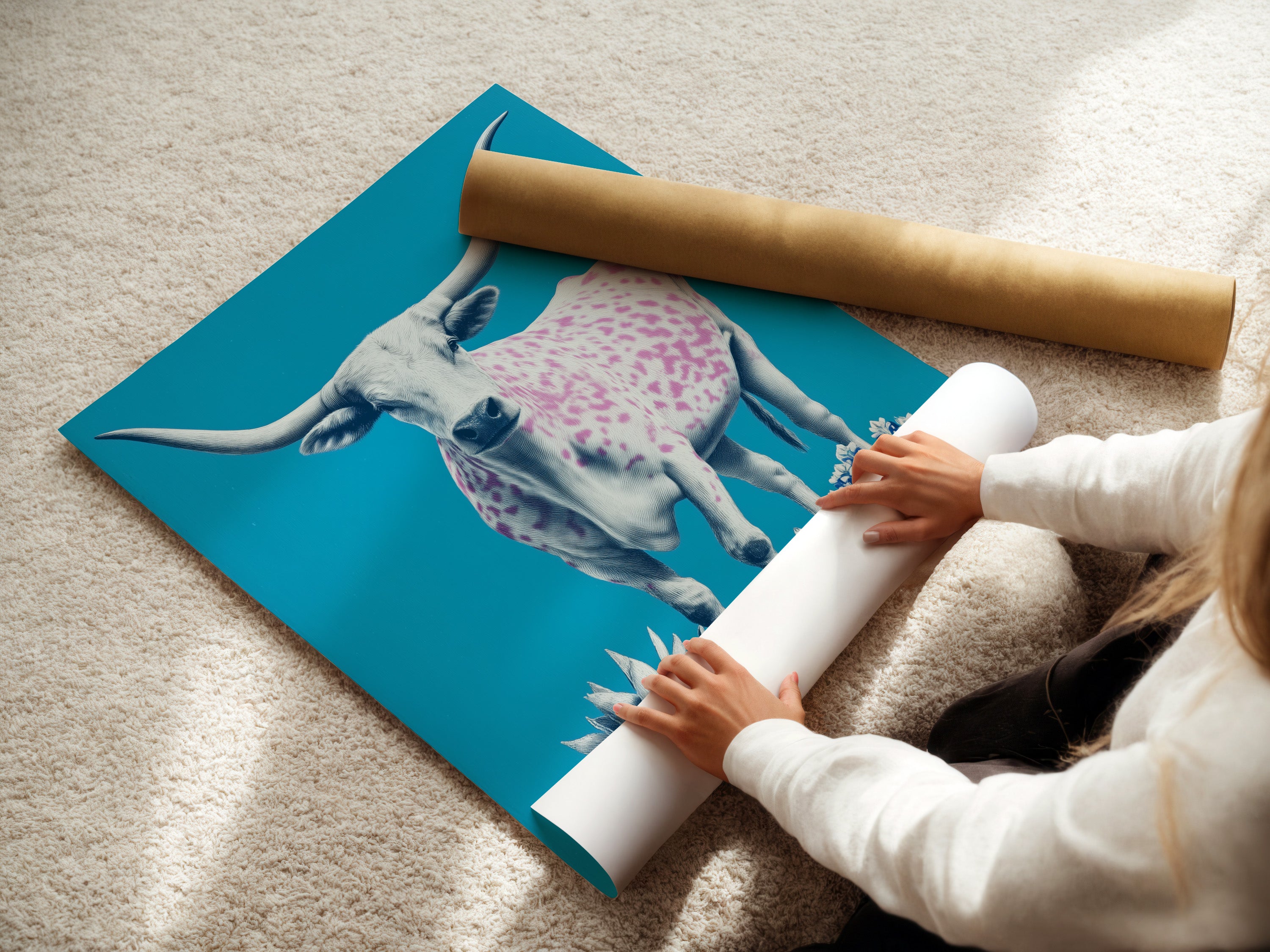 A woman carefully rolling a fine art poster paper. The paper showcases a longhorn cow artwork. It is ideal for preserving the quality of the print. This poster paper is perfect for framing or displaying as is.