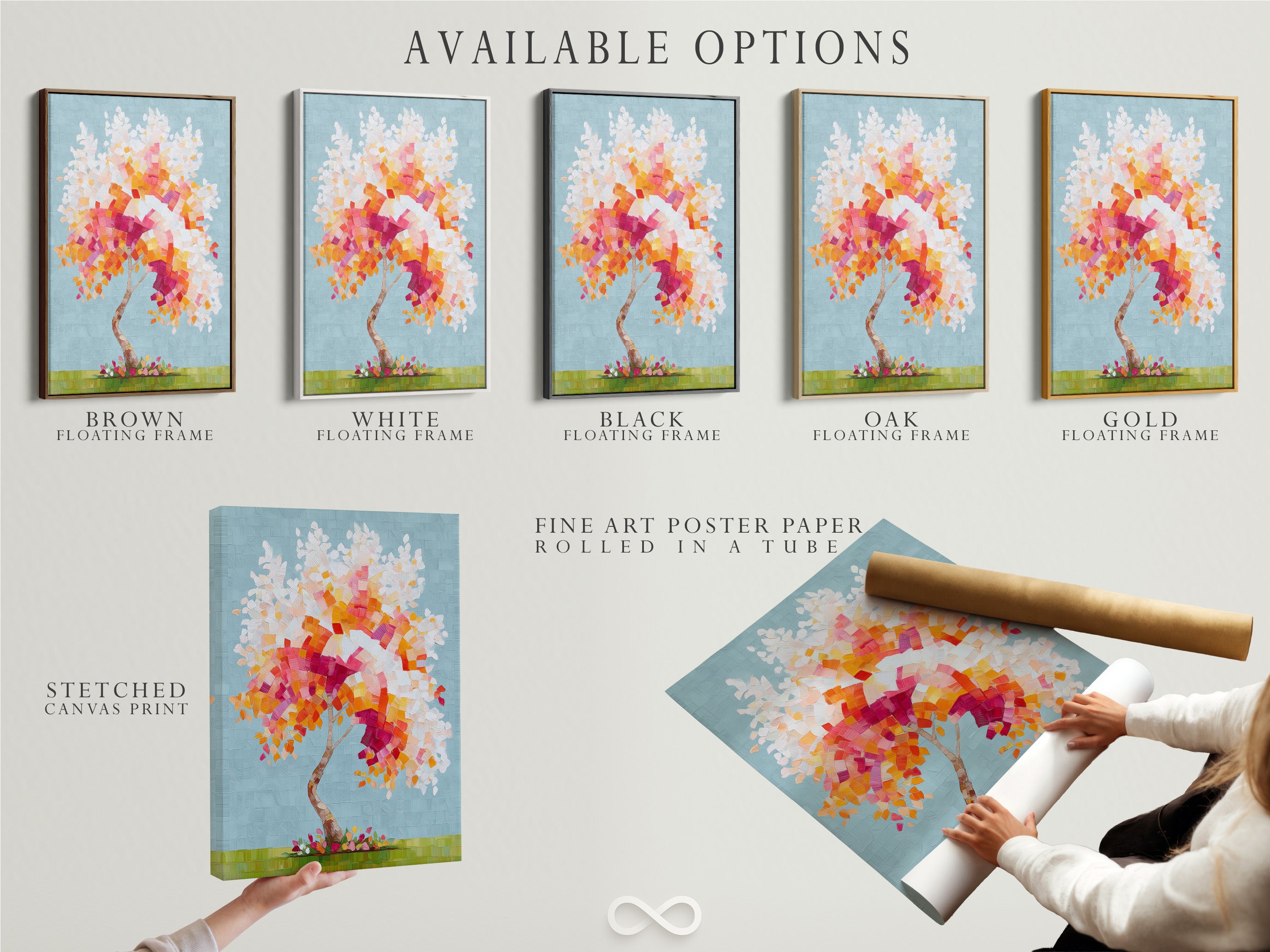 Available options include stretched canvas print fine art poster paper and floating frame. Select your preferred format for this colorful tree artwork. The mosaic wall art offers versatile display choices. Customize your art to match your personal aesthetic. Enjoy the flexibility.