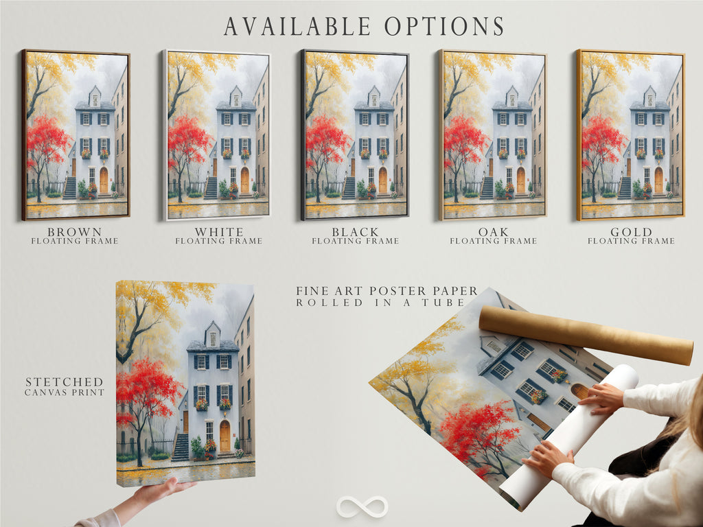 Available options for this Charleston architecture artwork are displayed. Choose from a stretched canvas print. Select fine art poster paper. Opt for a floating frame. Customize your historic building art to fit your style. Enhance your home decor with these versatile choices.