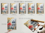Available options include stretched canvas print fine art poster paper and floating frame. Choose your preferred style for Charleston architecture artwork. Get this cityscape canvas to enhance your decor. It features a historic building with autumn street art.