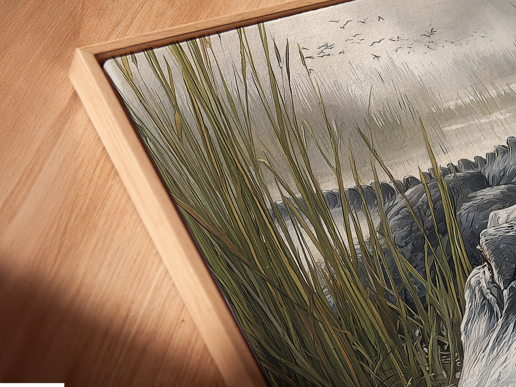 Close-up of a canvas print in a floating frame. The floating frame adds depth and dimension to the canvas. This modern framing style enhances any artwork. Perfect for contemporary spaces.