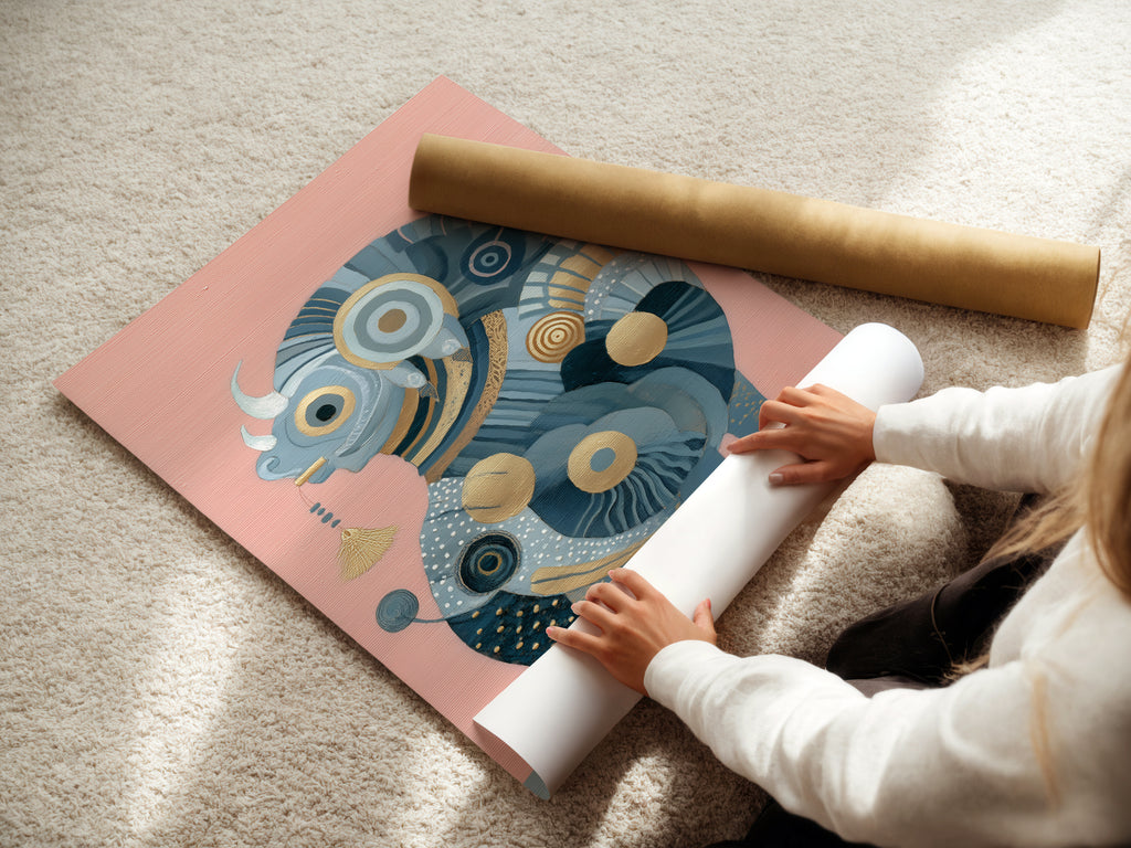 A woman rolling a fine art poster paper. This showcases the process of creating art prints. The Abstract Bull artwork is available as a poster. Experience the quality of fine art paper. This animal print is perfect for any room. Discover unique wall art.