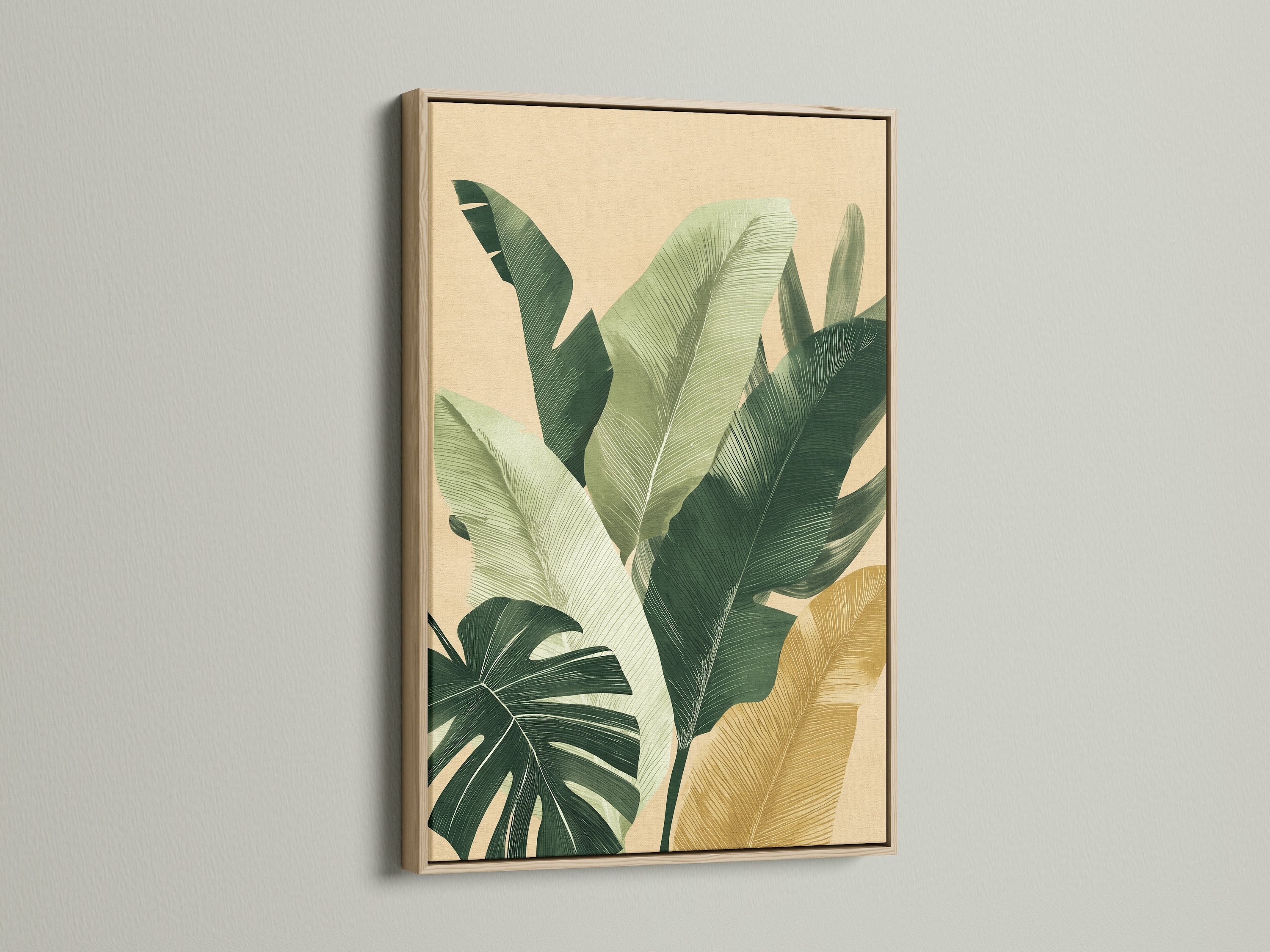 Artwork featuring lush green leaves is displayed in an oak frame. The oak frame provides a natural and warm aesthetic. This frame enhances the artwork's beauty. Ideal for nature-inspired or minimalist interiors.