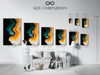 A size comparison chart showcases artwork of a dancing couple in an interior setting. Visualize the impact of different sizes on your wall. Choose the perfect dimensions to complement your space. This chart helps you make an informed decision for your art.