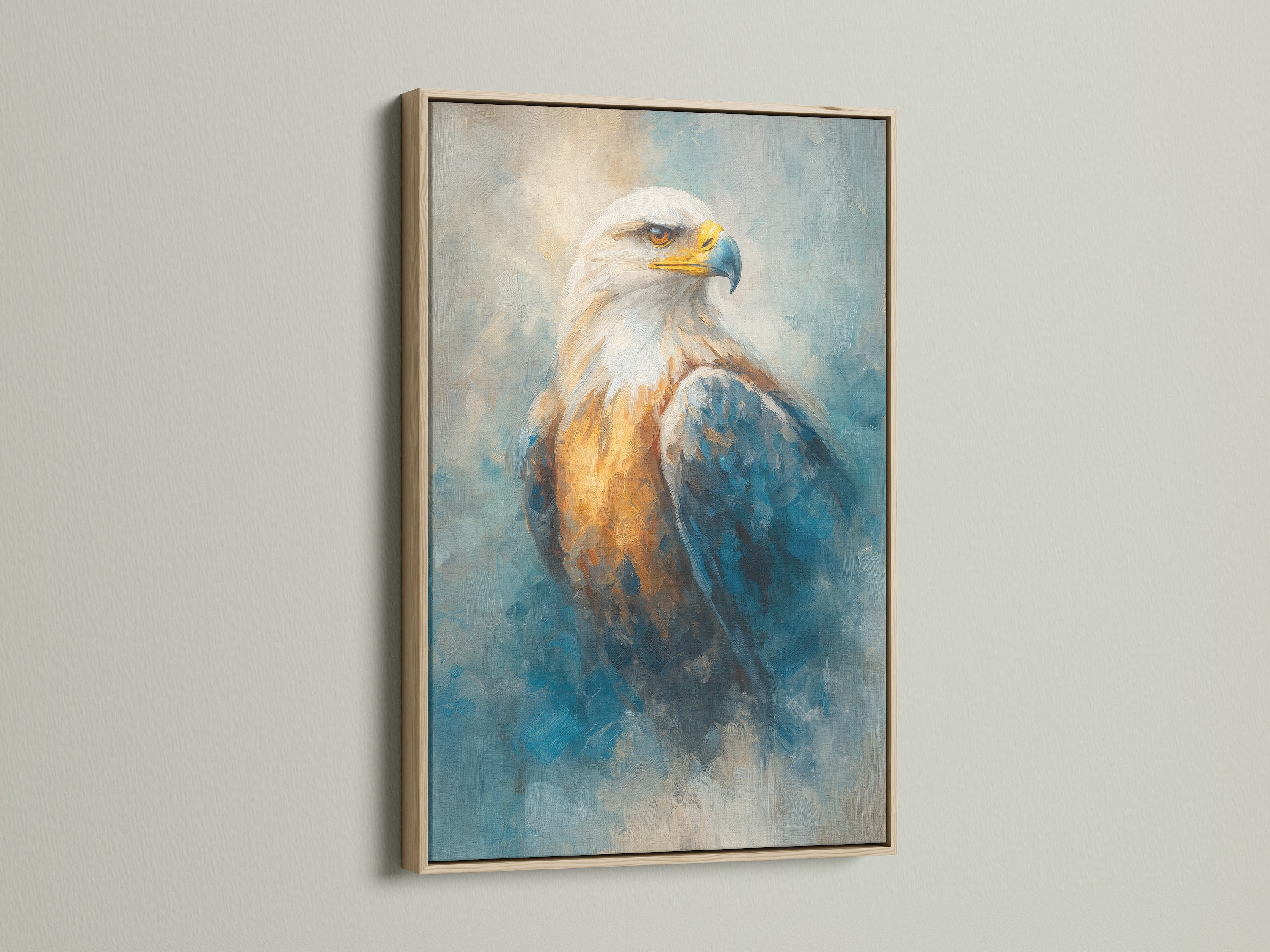 Majestic eagle artwork with an oak frame. This bird canvas print is perfect for patriotic decor. The wildlife art complements office wall art beautifully. Explore our raptor and American eagle art options. This nature wall art captures the essence of a majestic eagle. Shop now for wildlife canvas and eagle prints. Elevate your space with this powerful artwork.