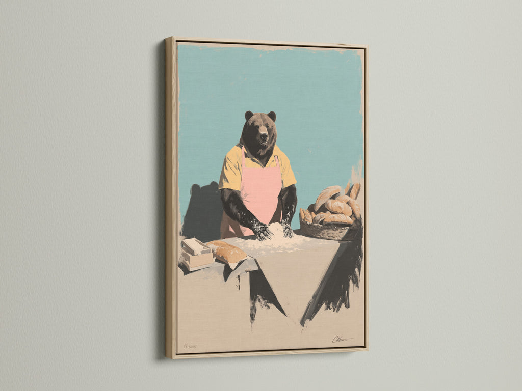 The oak frame showcases a charming bear baker artwork. This whimsical kitchen wall art is perfect for bakery decor. It features an animal chef print. The primary color is brown. Ideal as a chef gift.