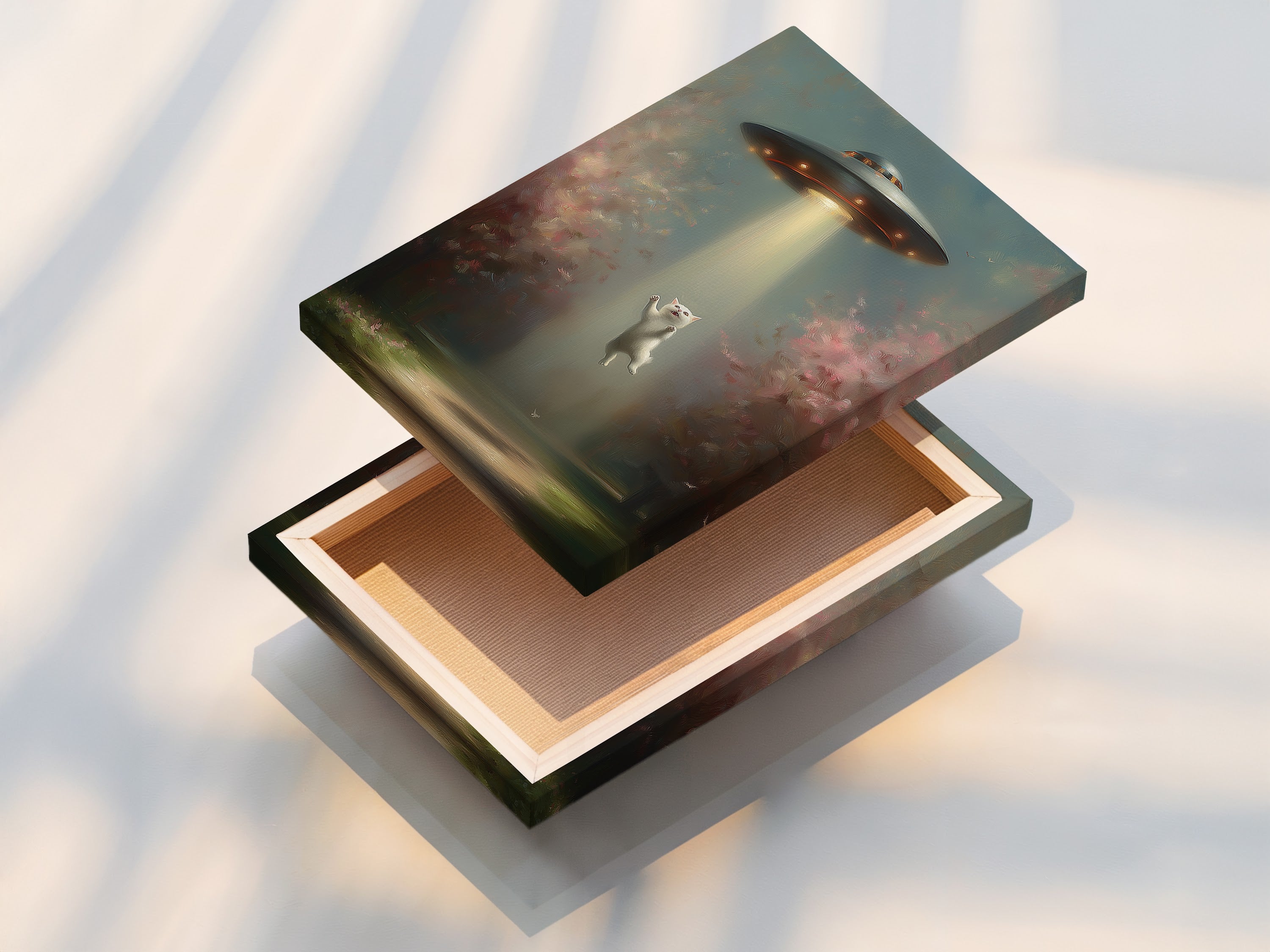 A stretched canvas print ready to hang. This UFO Cat art is perfect for easy wall decor. The stretched canvas provides a gallery-quality look for your home or office.