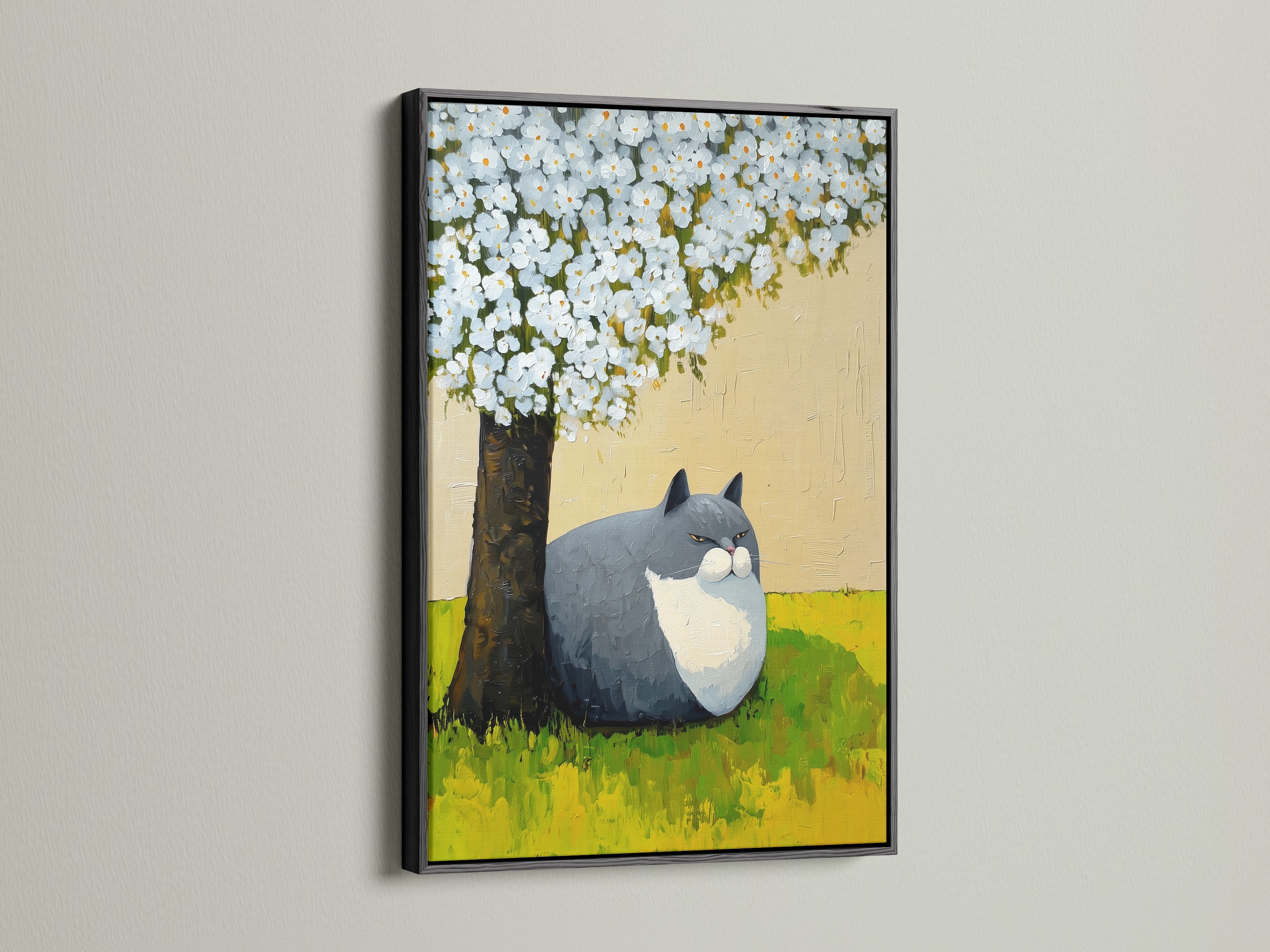 Here is a stylish black frame showcasing a cat under tree artwork. This animal canvas print offers a minimalist spring blossom art piece. The cute cat artwork enhances living rooms and bedrooms. Perfect for those seeking nature animal prints and peaceful cat art.