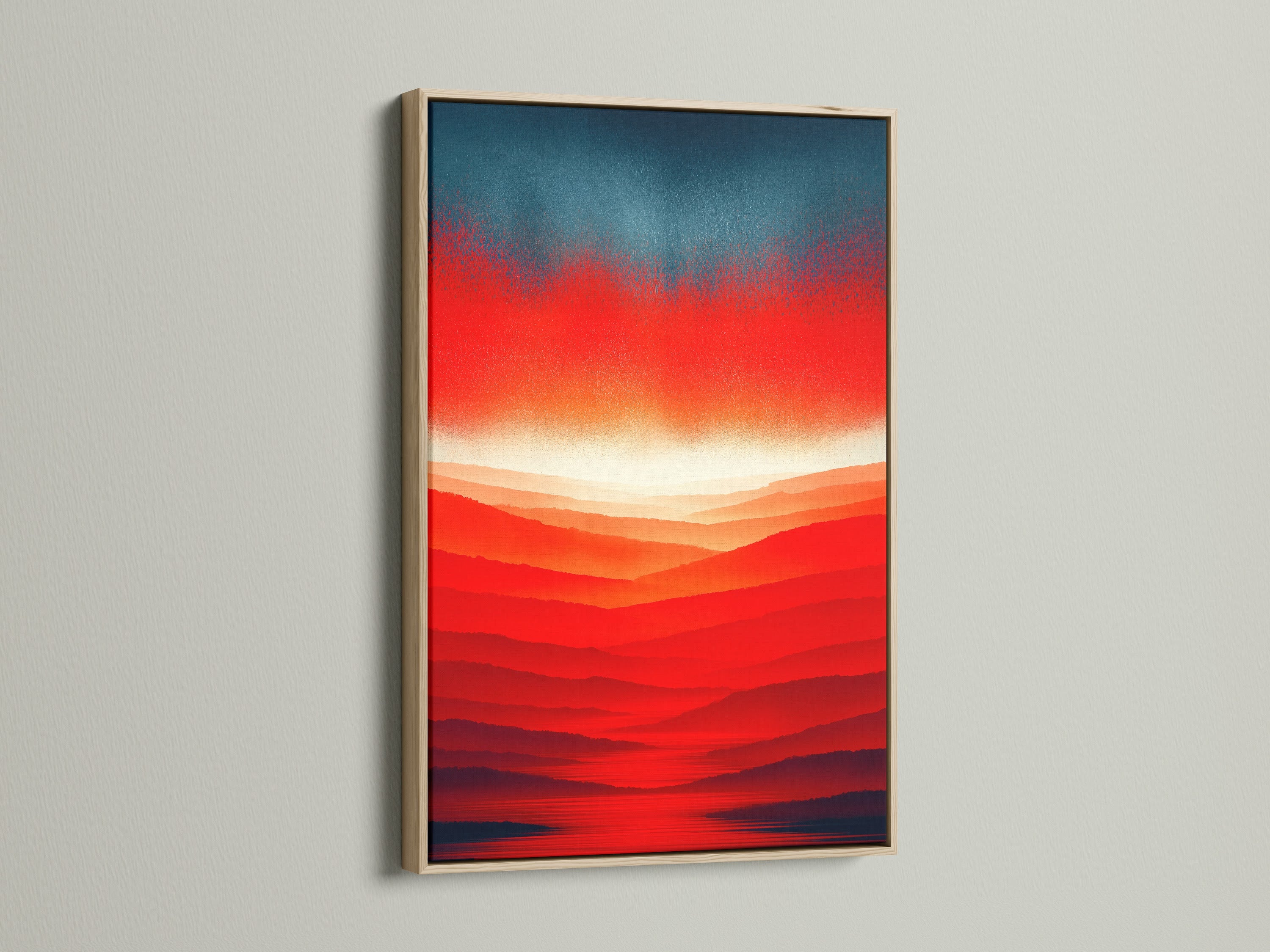 An abstract sunset artwork featuring a red orange mountain landscape is showcased in an oak frame. The gradient wall art brings a modern touch. Perfect for adding warm colors to your bedroom decor.
