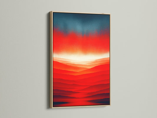 An abstract sunset artwork featuring a red orange mountain landscape is showcased in an oak frame. The gradient wall art brings a modern touch. Perfect for adding warm colors to your bedroom decor.