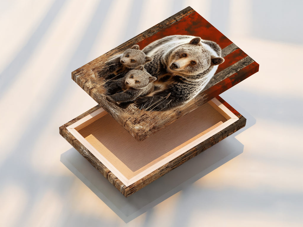A stretched canvas print of a Grizzly Bear Mother and Cubs artwork. This showcases the ready-to-hang nature of the wildlife art. Perfect for easily decorating lodges and nurseries. Enjoy the beauty of forest canvas prints.
