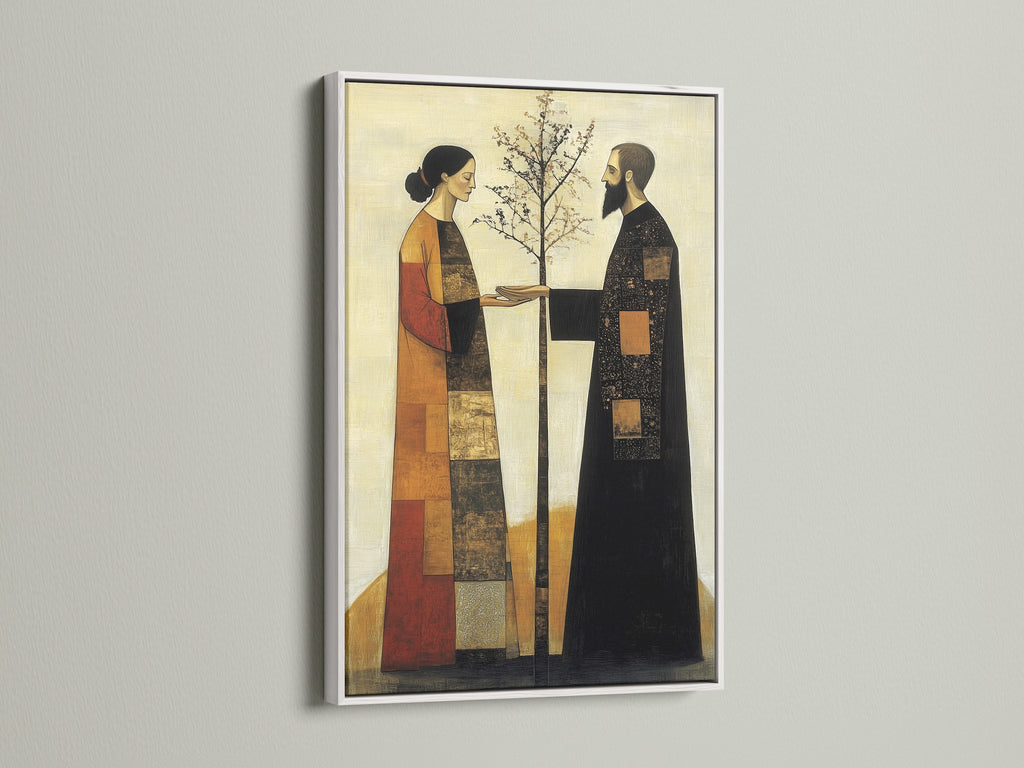Modern folk art canvas print with a white frame. This contemporary print features earthy tones. It shows a couple planting a tree. Perfect for bedroom wall decor. It would be great for nature lovers. This symbolic art adds warmth.