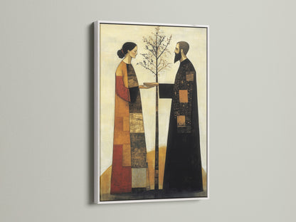 Modern folk art canvas print with a white frame. This contemporary print features earthy tones. It shows a couple planting a tree. Perfect for bedroom wall decor. It would be great for nature lovers. This symbolic art adds warmth.