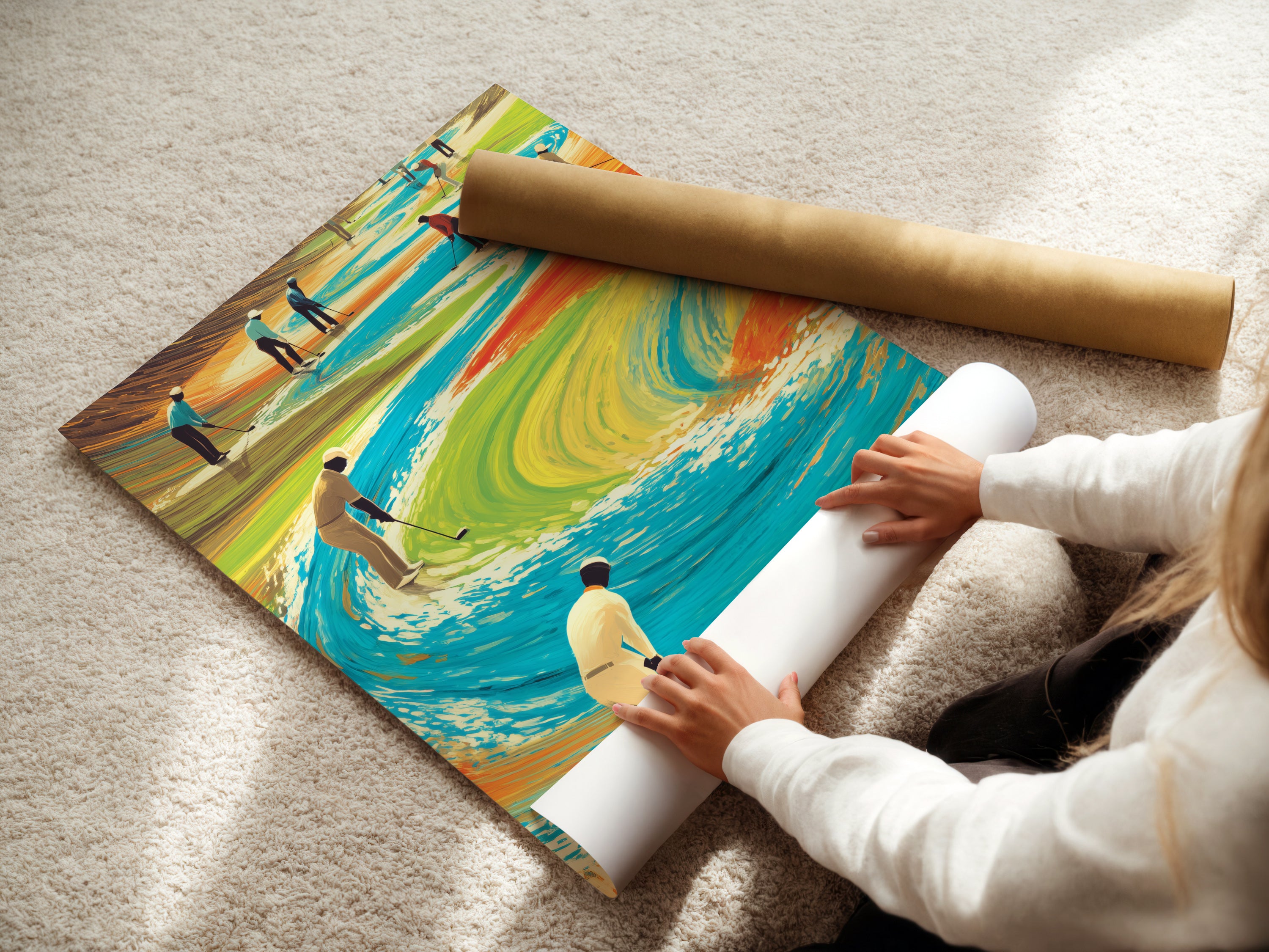 A woman rolling fine art poster paper. High quality golf course art is being prepared. This surreal sports wall art is ready to be displayed. Get your golf themed decor as a fine art poster paper. Perfect for art lovers