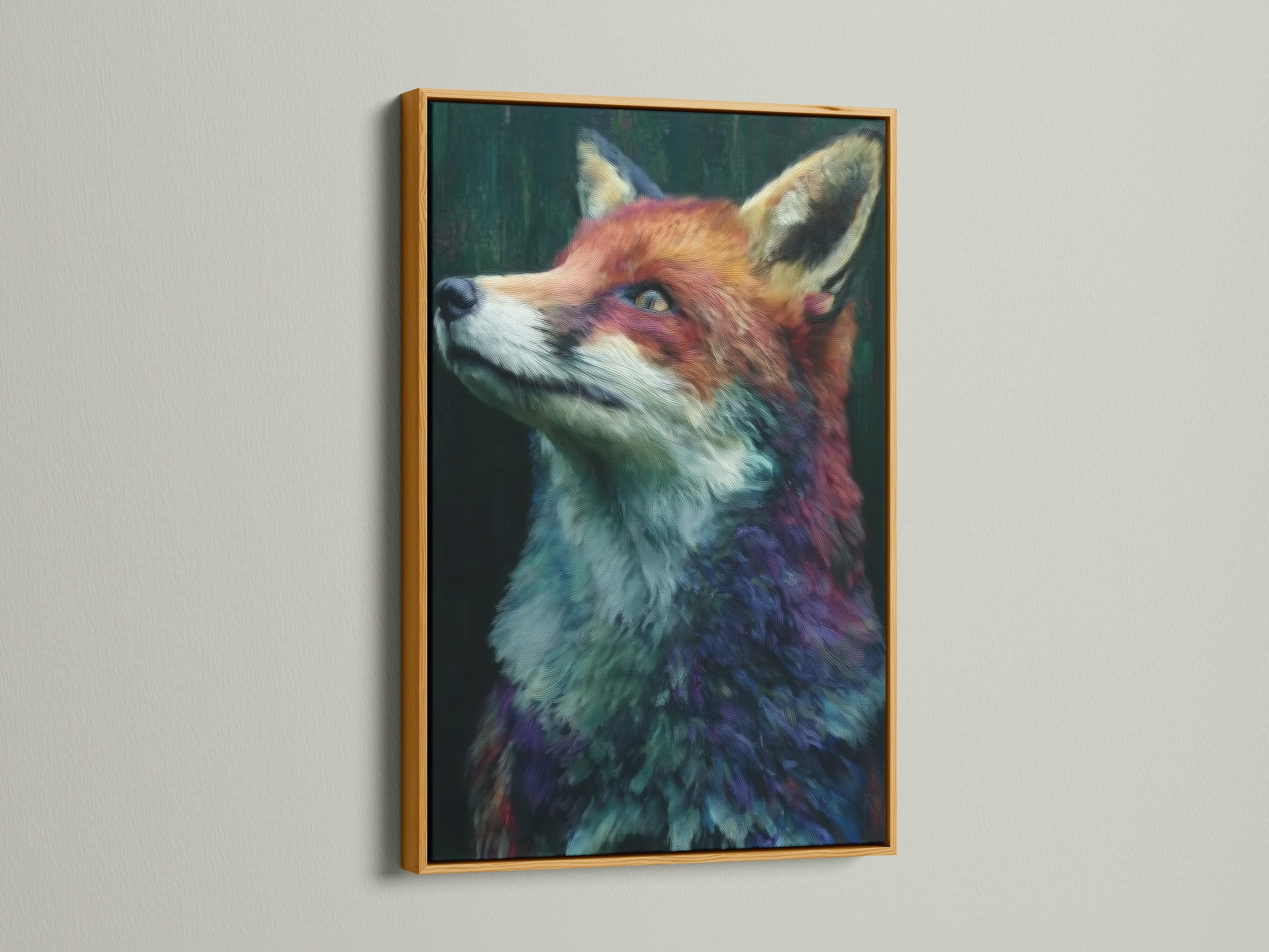Fox portrait animal artwork with a gold frame. This wildlife print offers a touch of luxury to any room. The gold frame enhances the artwork's rich colors. Add a sophisticated animal element to your home.