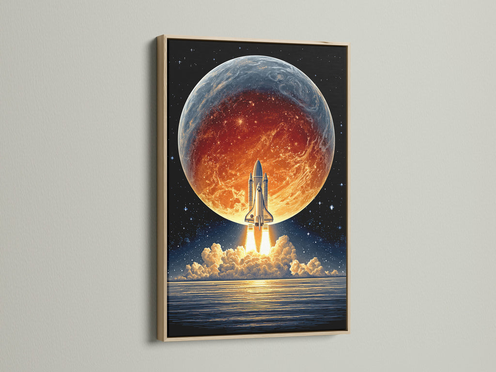 A striking sci-fi wall art piece showcases a space shuttle launch against a planet Earth. The artwork is elegantly framed in oak. This retro space poster adds a touch of astronomy art to any space. Ideal for homeowners seeking unique artwork.