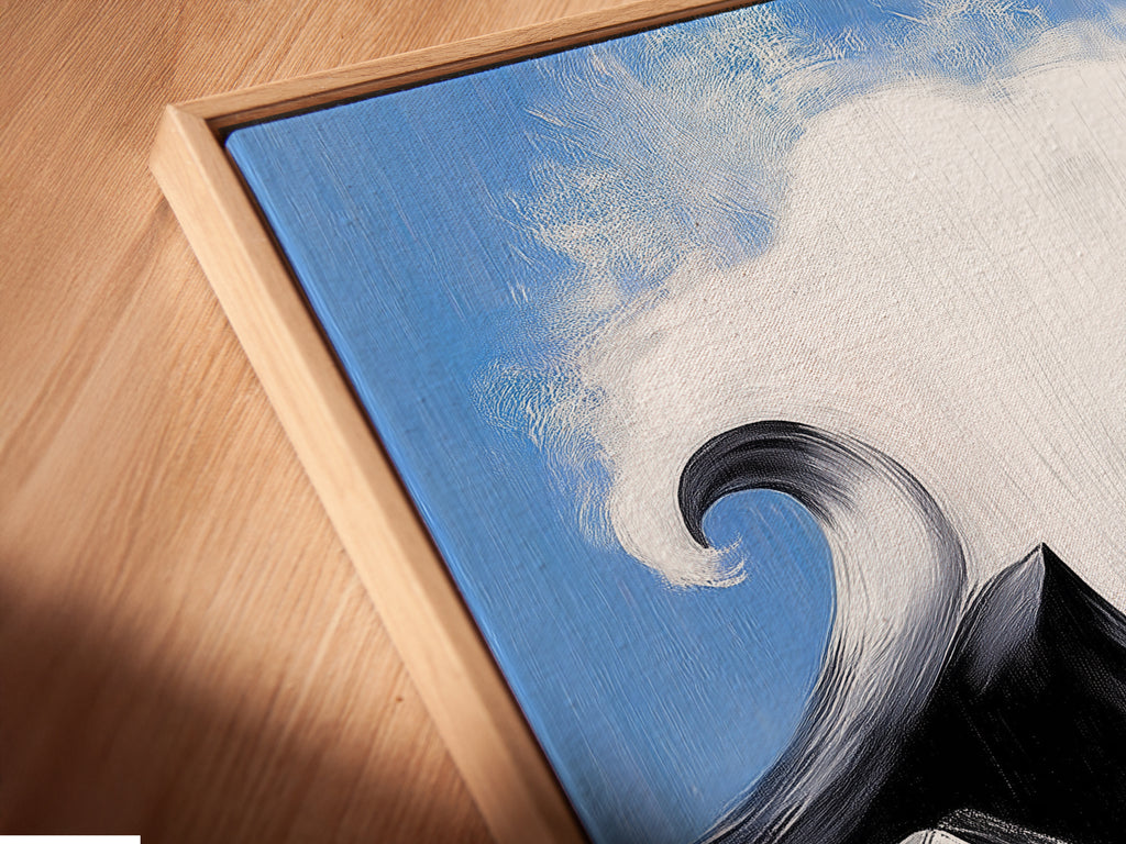 Angled close up of a canvas print in a floating frame. The abstract seascape artwork features ocean waves. Blue and orange hues create a coastal feel. This modern ocean art is ready to hang and enjoy.