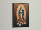 The striking Virgin Mary art is set in a black frame. The Guadalupe print adds a touch of reverence to religious wall art. The Catholic home decor is enhanced with this sacred art gift. Mary canvas print brings spiritual decor. This holy art is a thoughtful present.