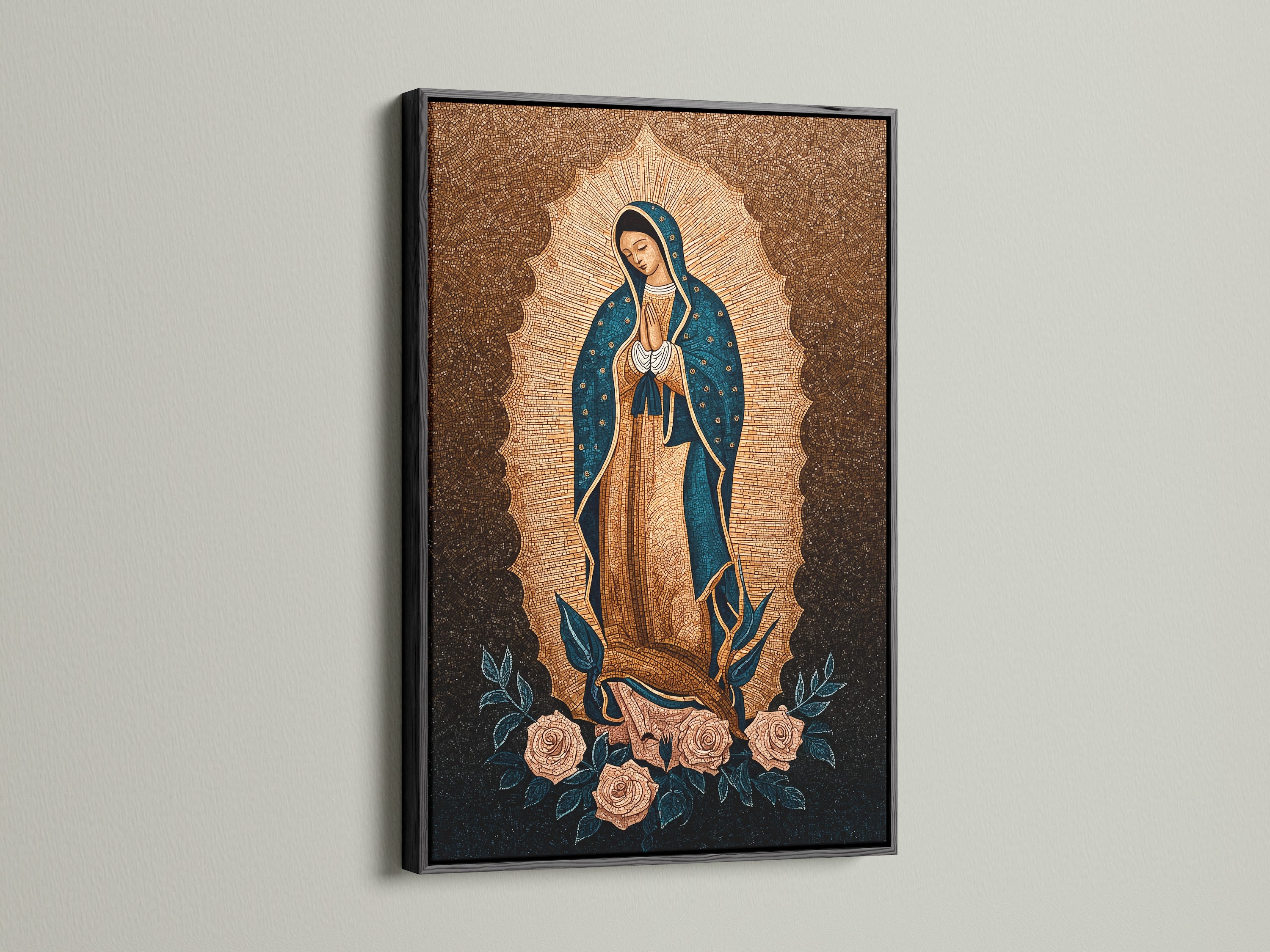 The striking Virgin Mary art is set in a black frame. The Guadalupe print adds a touch of reverence to religious wall art. The Catholic home decor is enhanced with this sacred art gift. Mary canvas print brings spiritual decor. This holy art is a thoughtful present.