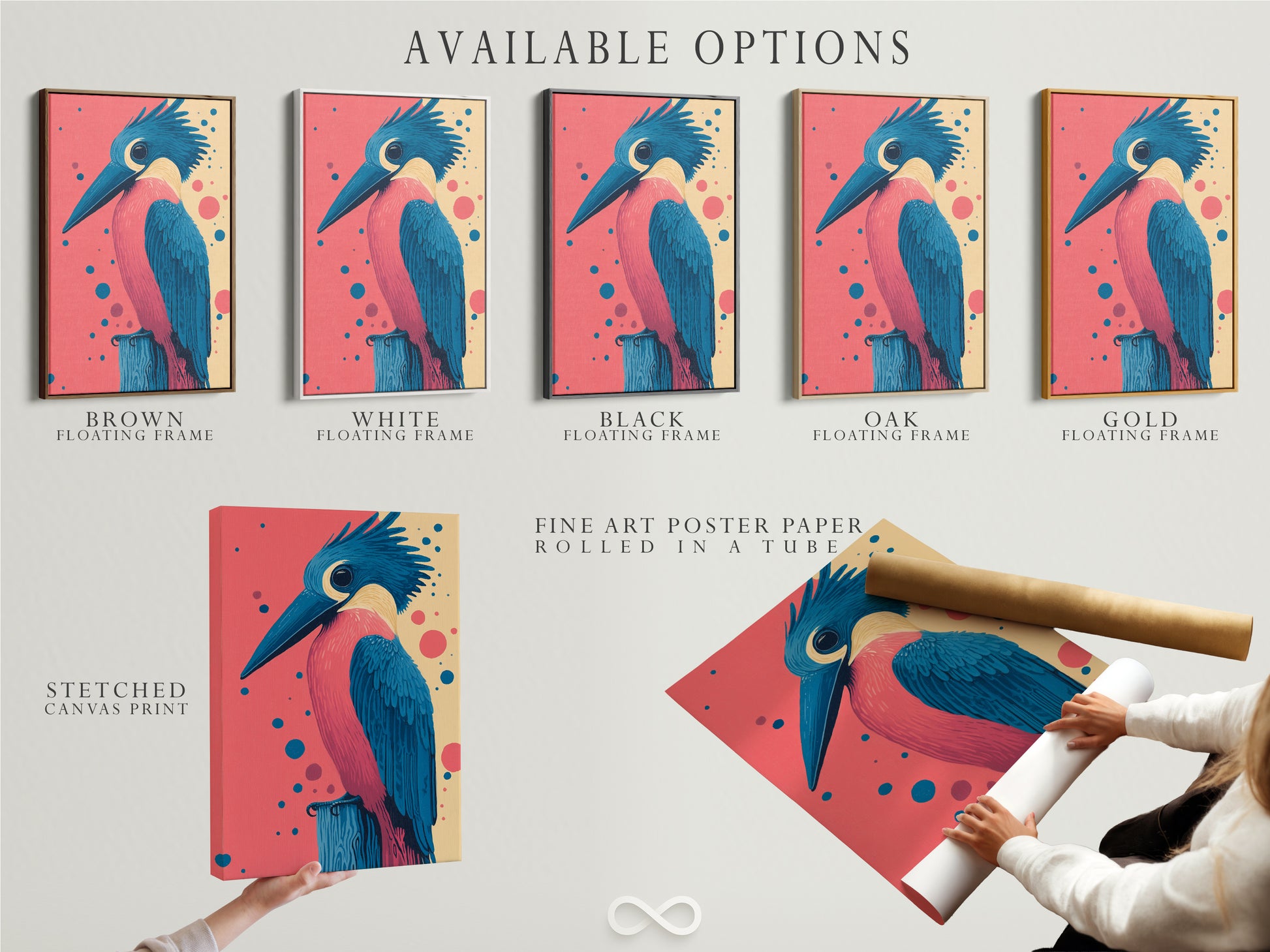 Available options for our Kingfisher bird artwork. Choose from a stretched canvas print a fine art poster paper or a floating frame. Customize your retro wall art to match your style. Perfect coastal wall decor for any space.