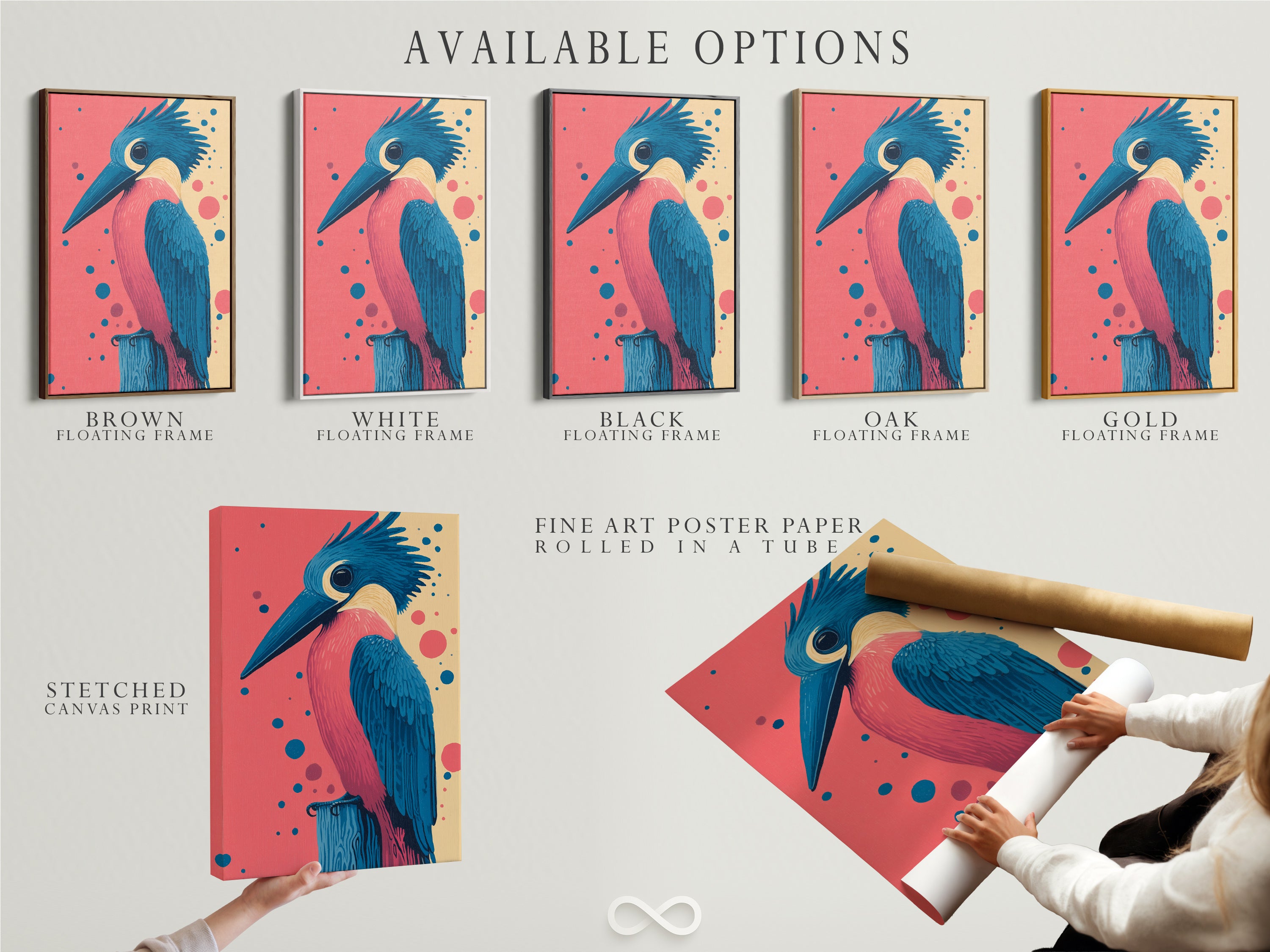 Available options for our Kingfisher bird artwork. Choose from a stretched canvas print a fine art poster paper or a floating frame. Customize your retro wall art to match your style. Perfect coastal wall decor for any space.