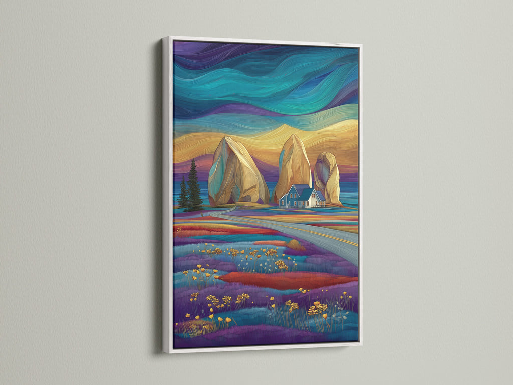 Stylized seascape artwork in a white frame. This teal purple art piece adds a modern coastal touch to any room. Perfect as coastal wall art. The landscape canvas enhances bedroom wall decor.
