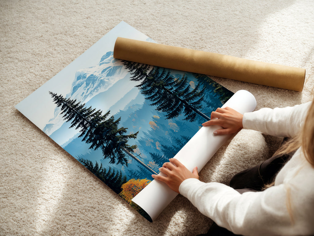 A woman is carefully rolling a fine art poster paper. Preparing a Mountain Forest nature print. This poster is perfect for framing. Ideal for rustic bedroom art. Get your landscape artwork ready for display.