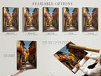 Available options for the Italian street scene artwork. The options include a stretched canvas print fine art poster paper and a floating frame. This gives customers a variety of choices to suit their style and needs. Each option enhances the art in its unique way.