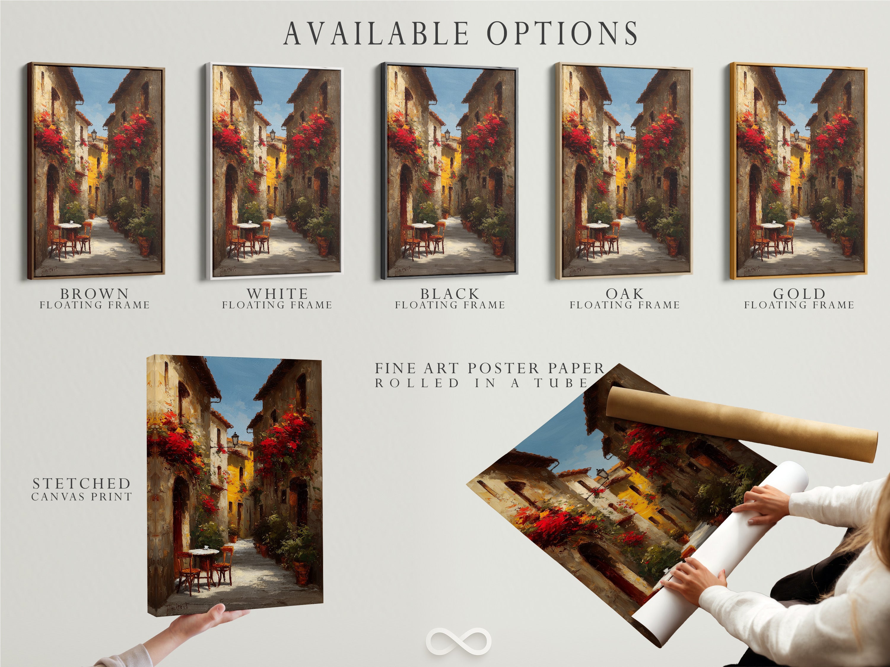 Available options for the Italian street scene artwork. The options include a stretched canvas print fine art poster paper and a floating frame. This gives customers a variety of choices to suit their style and needs. Each option enhances the art in its unique way.