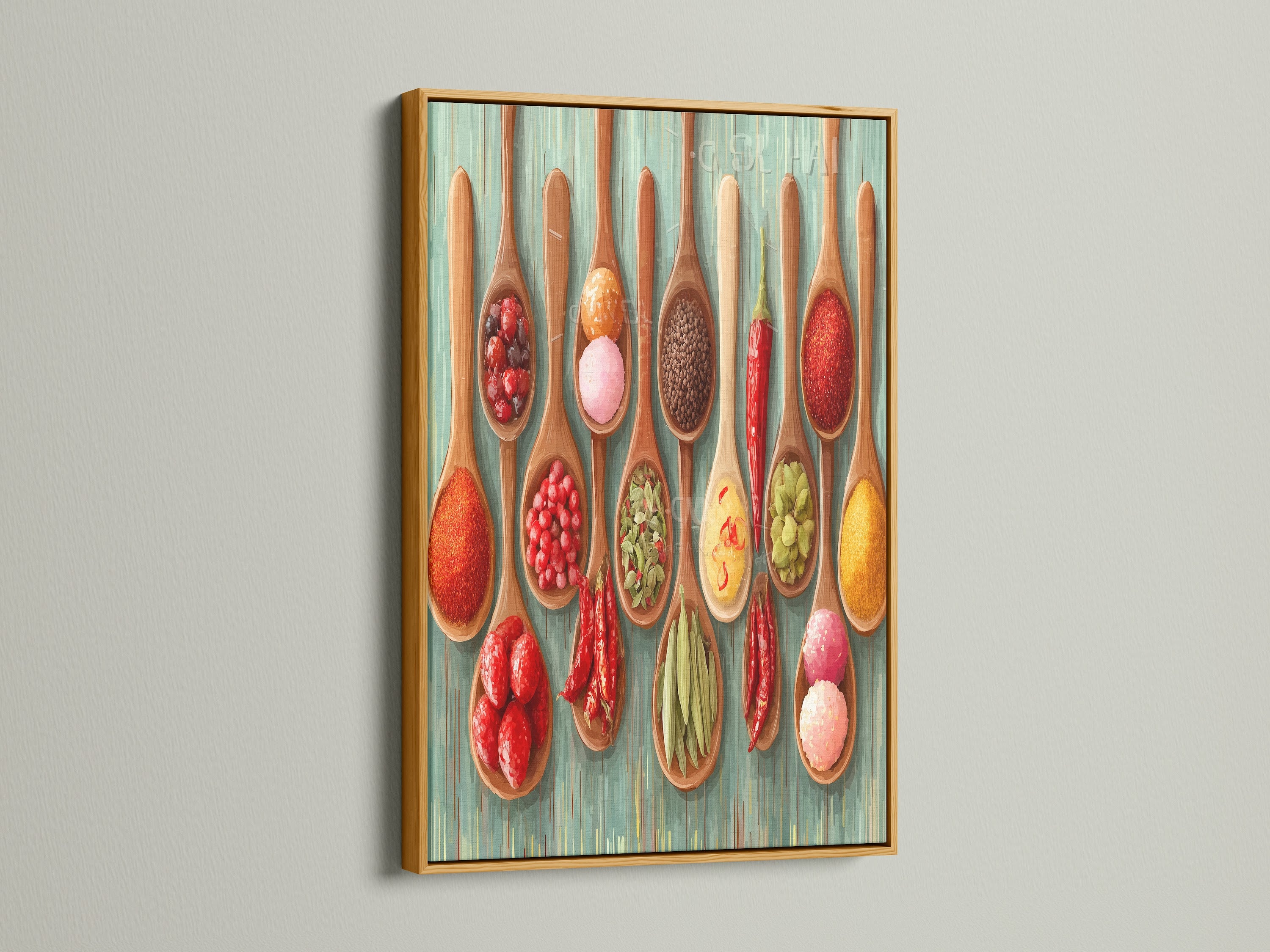A gold frame encloses the spice spoons artwork. This kitchen art is a colorful addition. Its perfect for a dining area wall. The foodie decor is ideal for restaurateurs. This dining wall art adds a gourmet touch to any space.