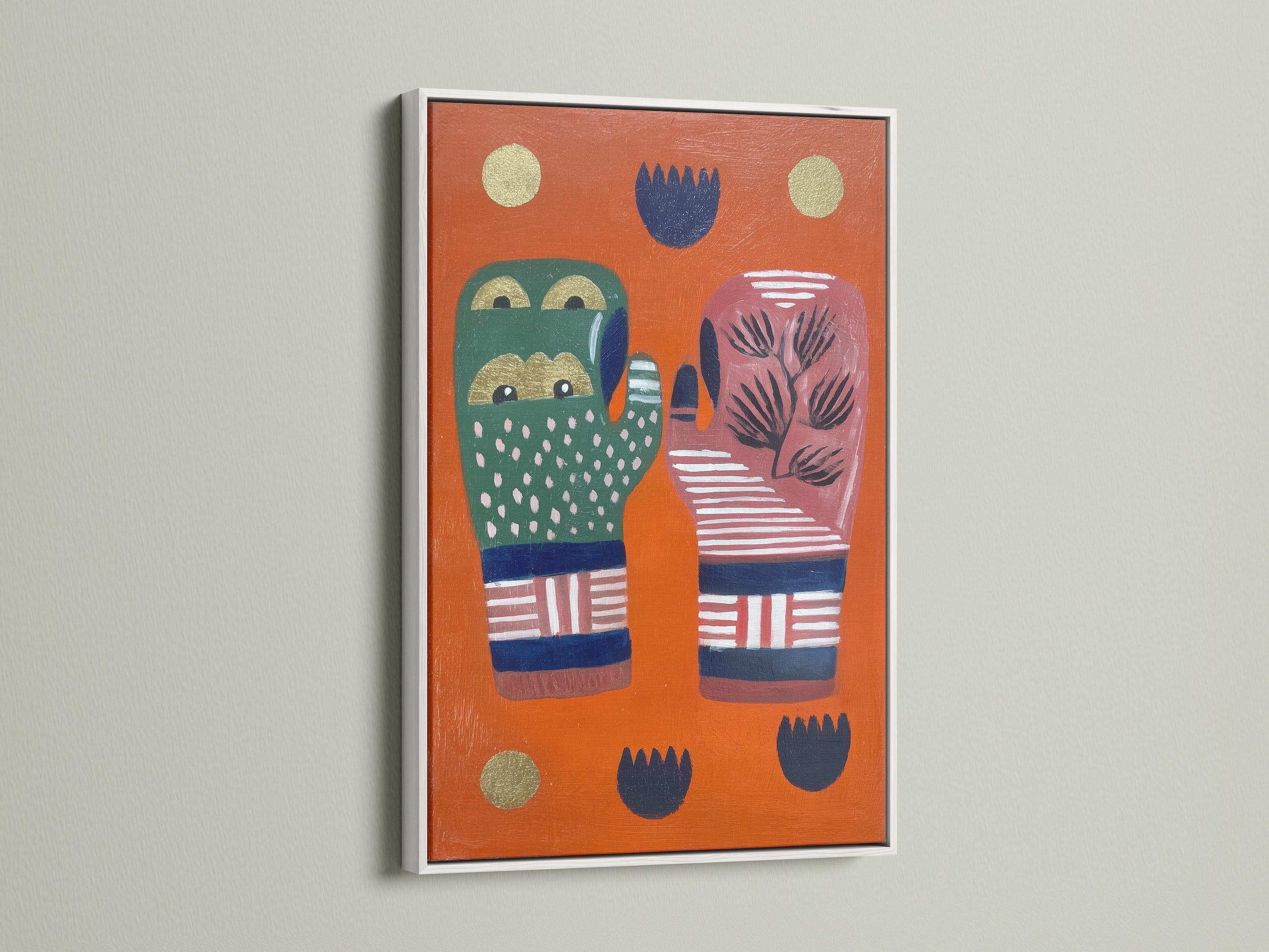 An abstract hands artwork is beautifully framed in white. The colorful graphic print showcases modern folk art. The white frame offers a clean and contemporary look. This art piece is perfect for kids' rooms playrooms or any space needing a vibrant touch. It enhances eclectic and artistic styles.
