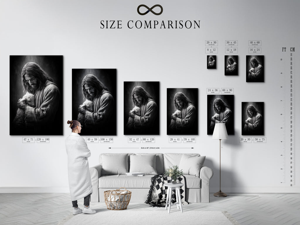 This is a size comparison chart displayed in an interior setting. The size comparison chart helps you visualize the artwork. See how different sizes will look in your home. Choose the perfect size to complement your space. Maximize your decor.